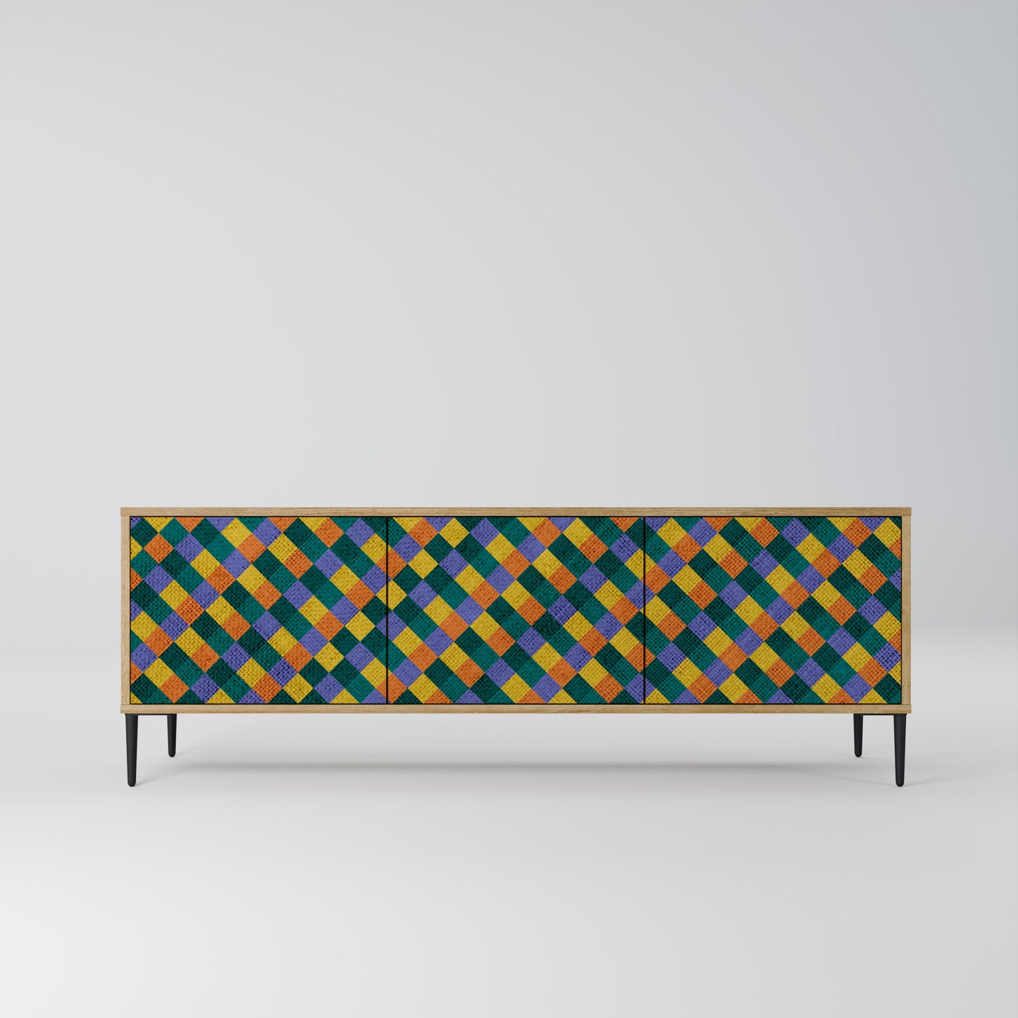 MÅLADE KVADRAT MIX TV-bänk med 3 dörrar i ekeffekt