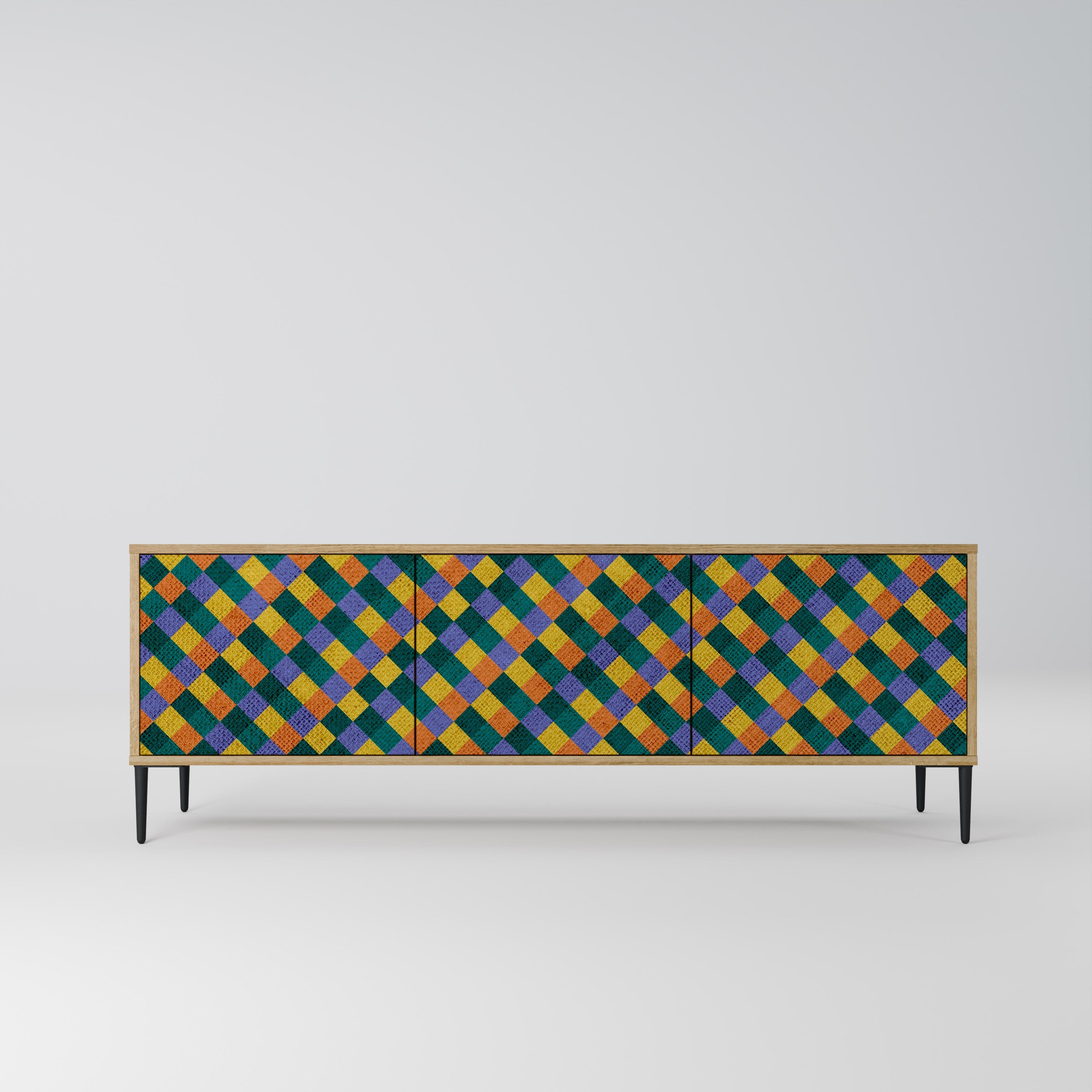 MÅLADE KVADRAT MIX TV-bänk med 3 dörrar i ekeffekt