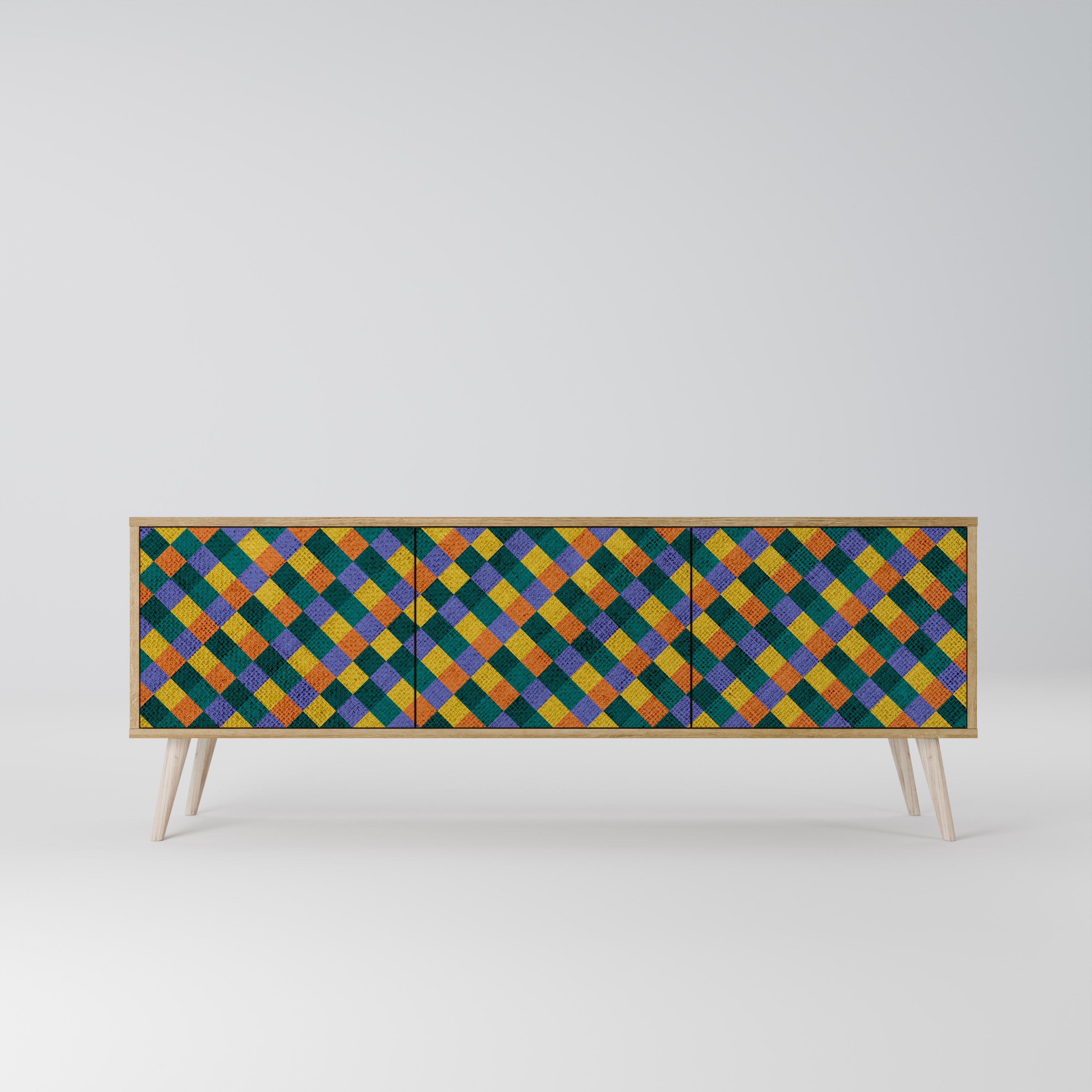 MÅLADE KVADRAT MIX TV-bänk med 3 dörrar i ekeffekt
