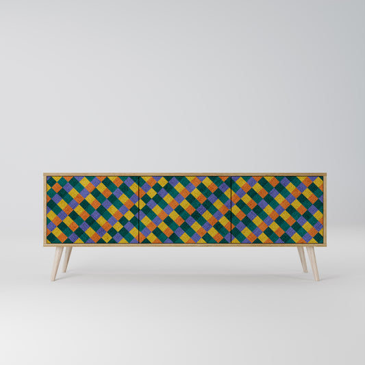 MÅLADE KVADRAT MIX TV-bänk med 3 dörrar i ekeffekt