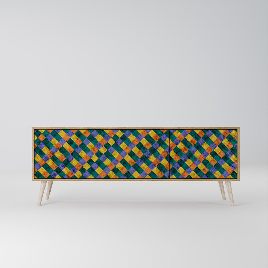 MÅLADE KVADRAT MIX TV-bänk med 3 dörrar i ekeffekt