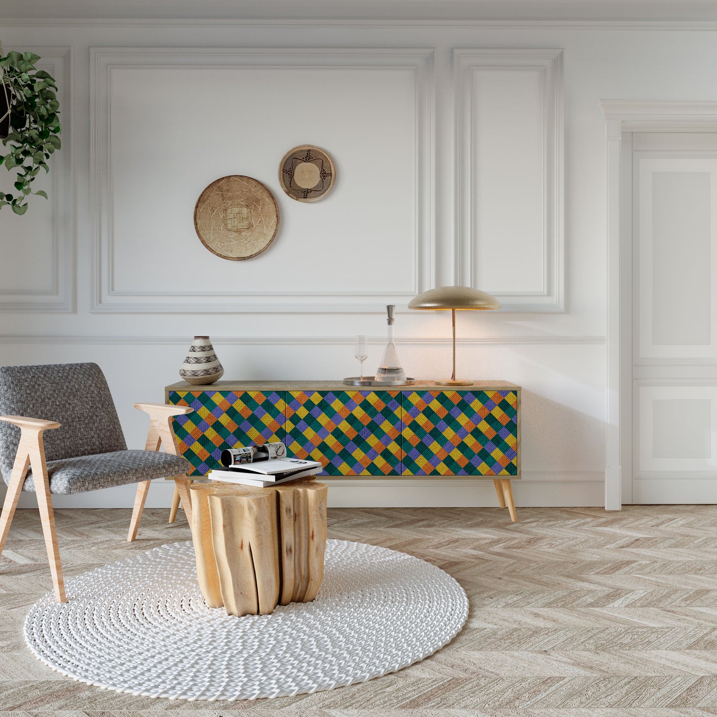 MÅLADE KVADRAT MIX TV-bänk med 3 dörrar i ekeffekt