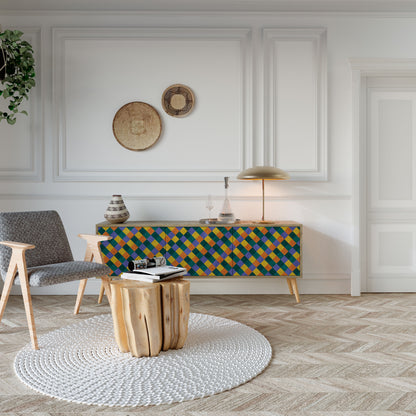 MÅLADE KVADRAT MIX TV-bänk med 3 dörrar i ekeffekt