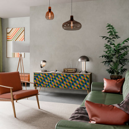 MÅLADE KVADRAT MIX TV-bänk med 3 dörrar i ekeffekt