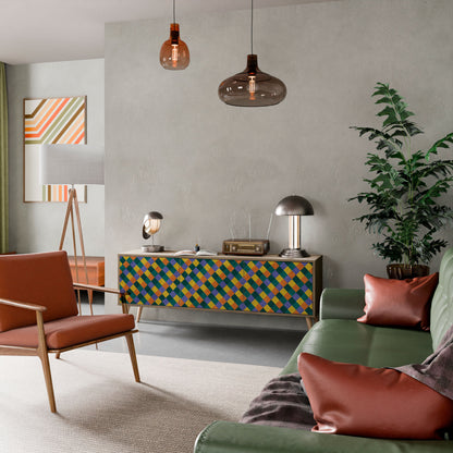 MÅLADE KVADRAT MIX TV-bänk med 3 dörrar i ekeffekt