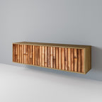 TV-bänk i naturträ med 3 dörrar i ekeffekt