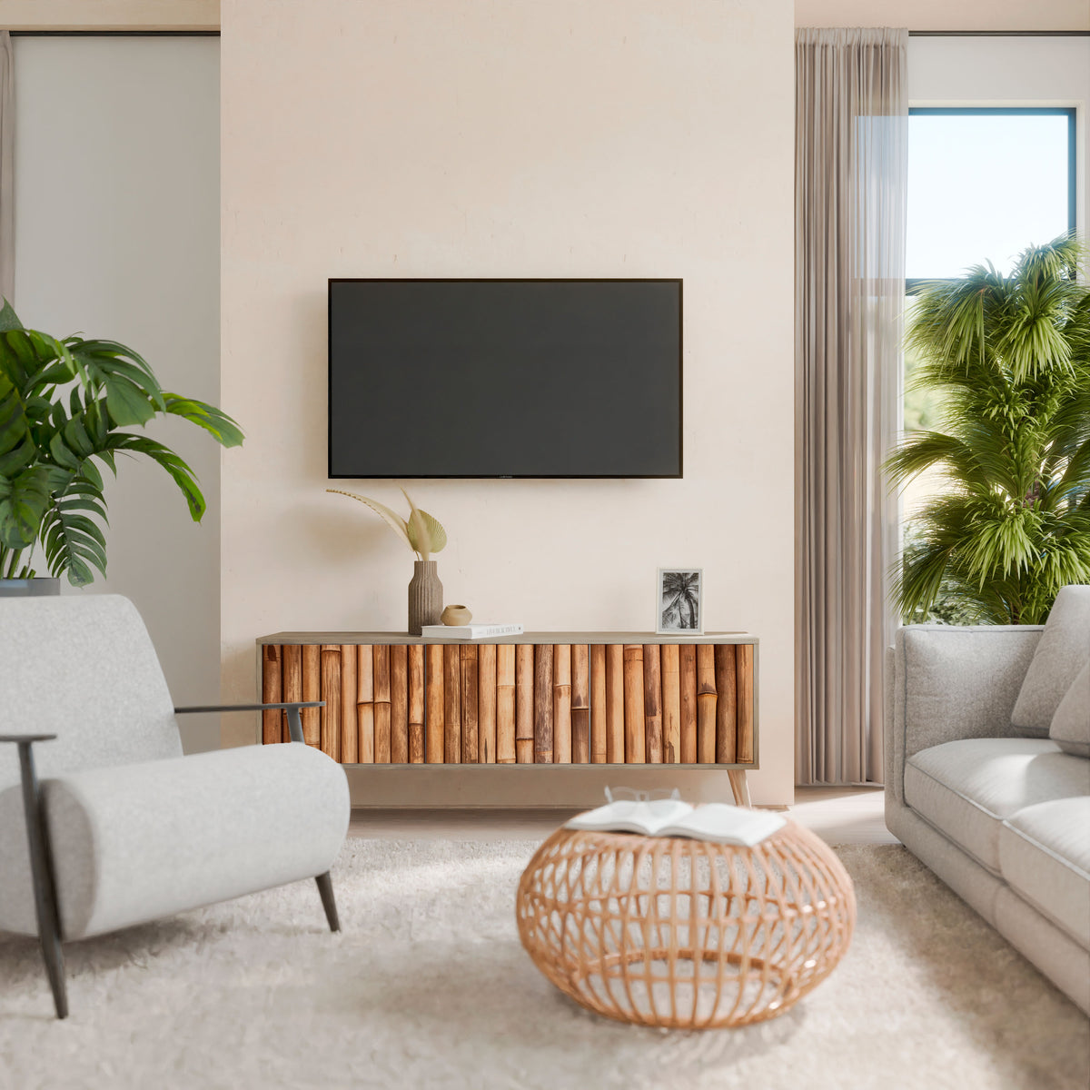 NATURAL WOOD 3-Door TV Cabinet