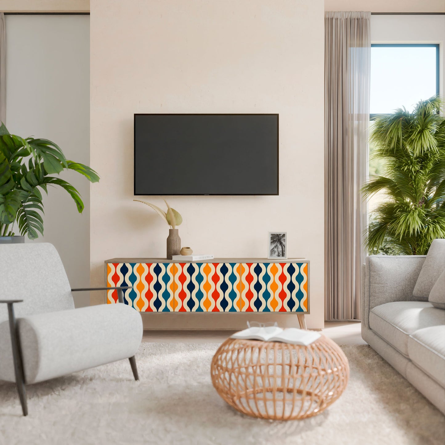 COLORFUL NOSTALGIA 3-Door TV Stand in Oak Effect