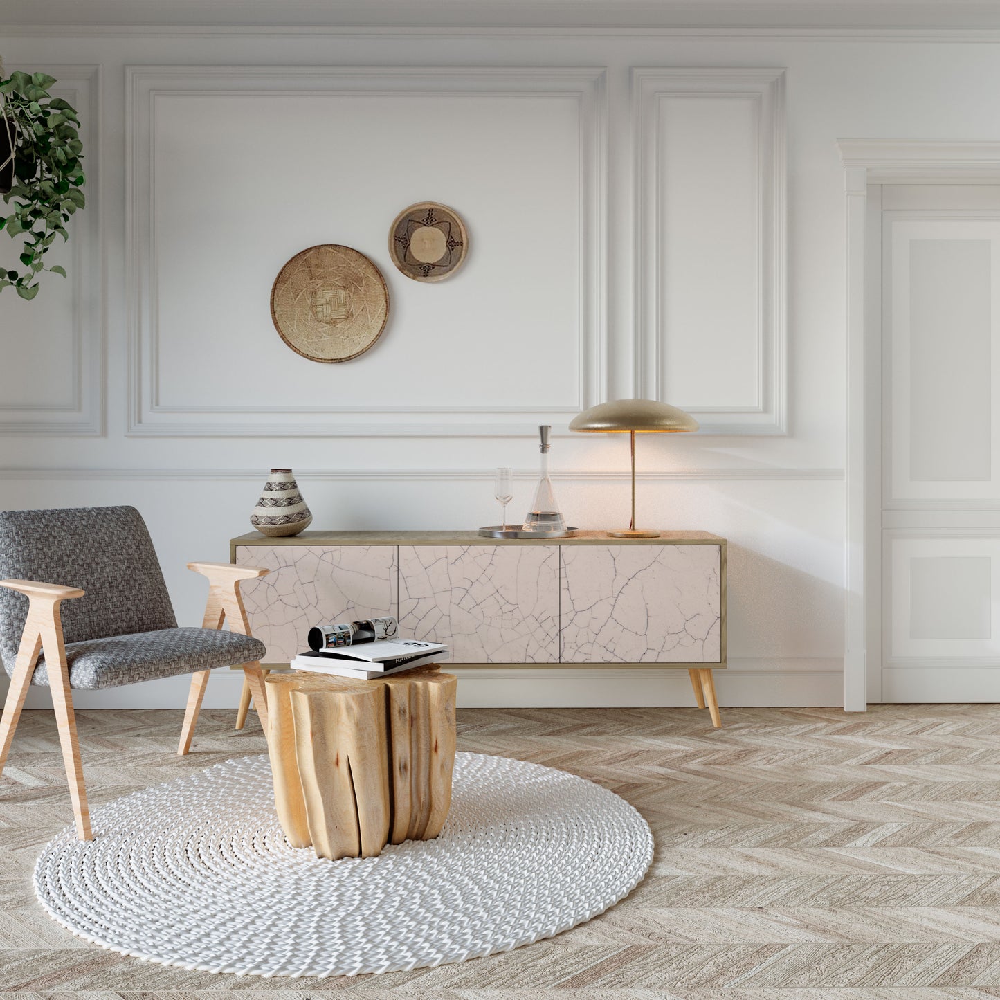 TV-bänk med keramisk textur och 3 dörrar i ekeffekt