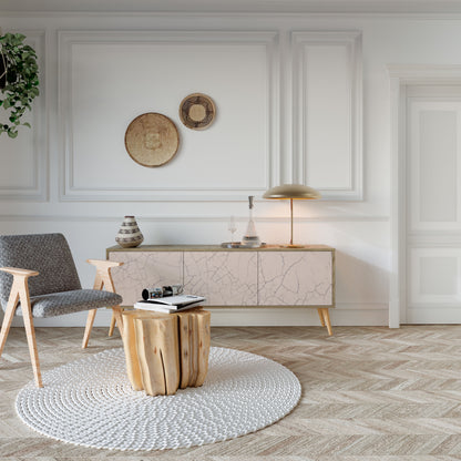 TV-bänk med keramisk textur och 3 dörrar i ekeffekt