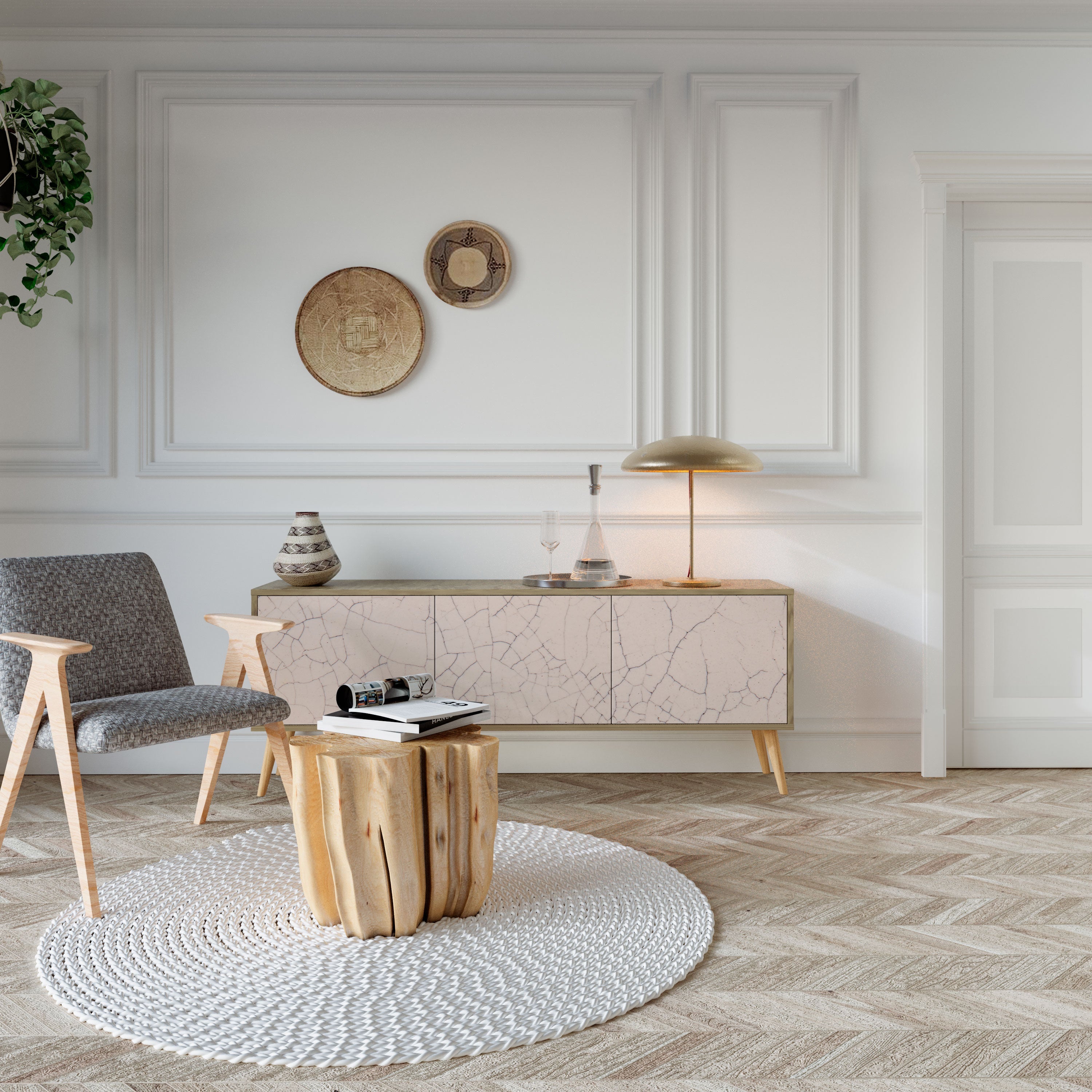 TV-bänk med keramisk textur och 3 dörrar i ekeffekt