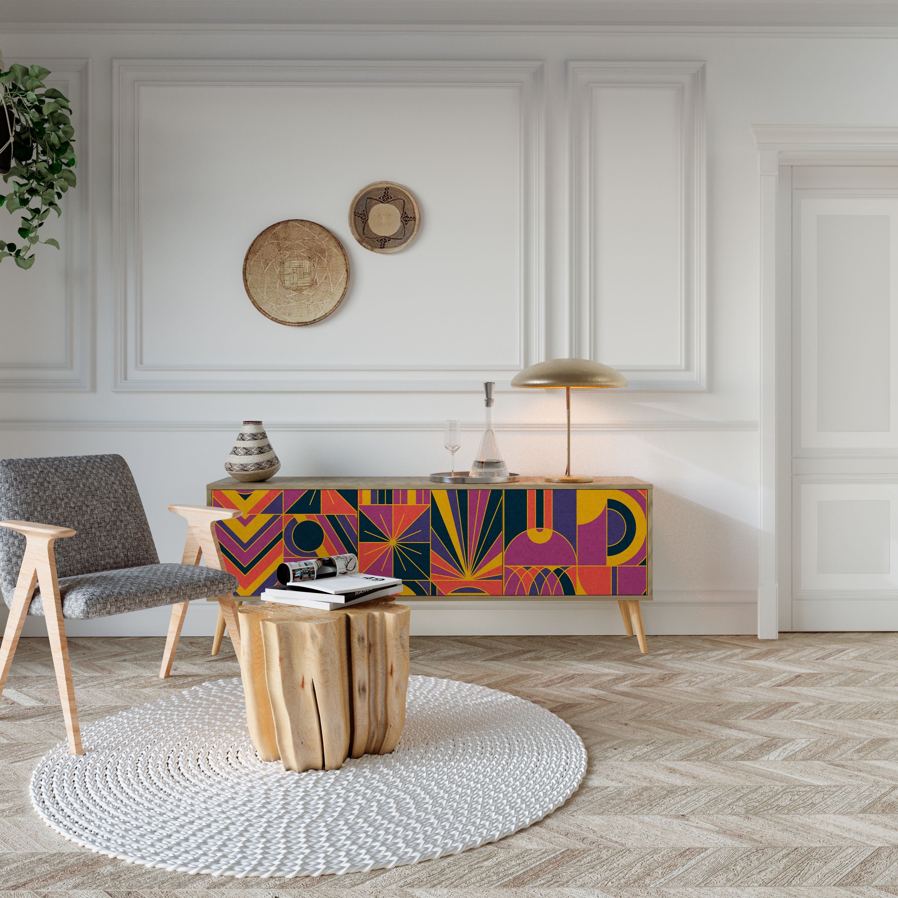 ELECTRIC PATTERNS TV-bänk med 3 dörrar i ekeffekt