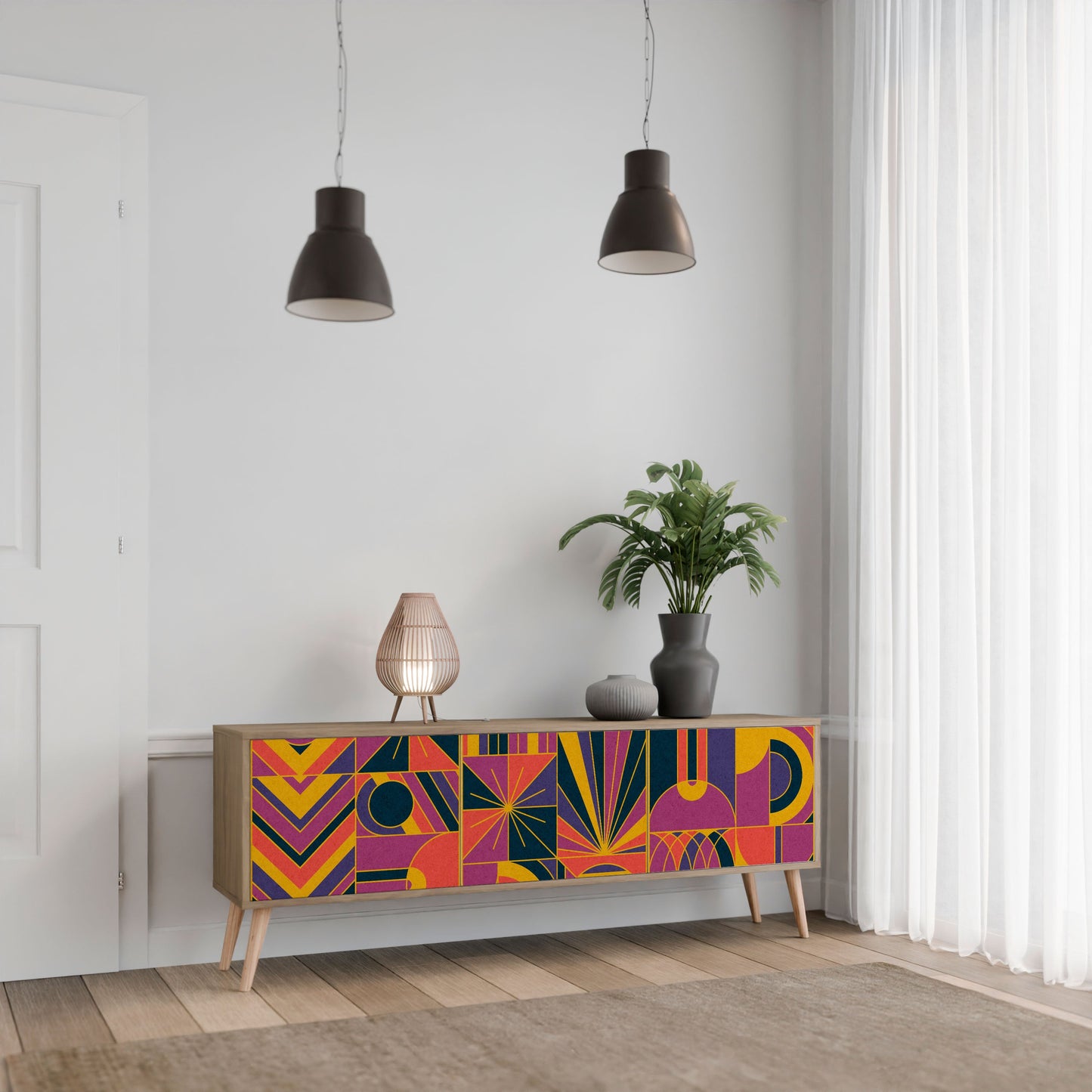 ELECTRIC PATTERNS TV-bänk med 3 dörrar i ekeffekt