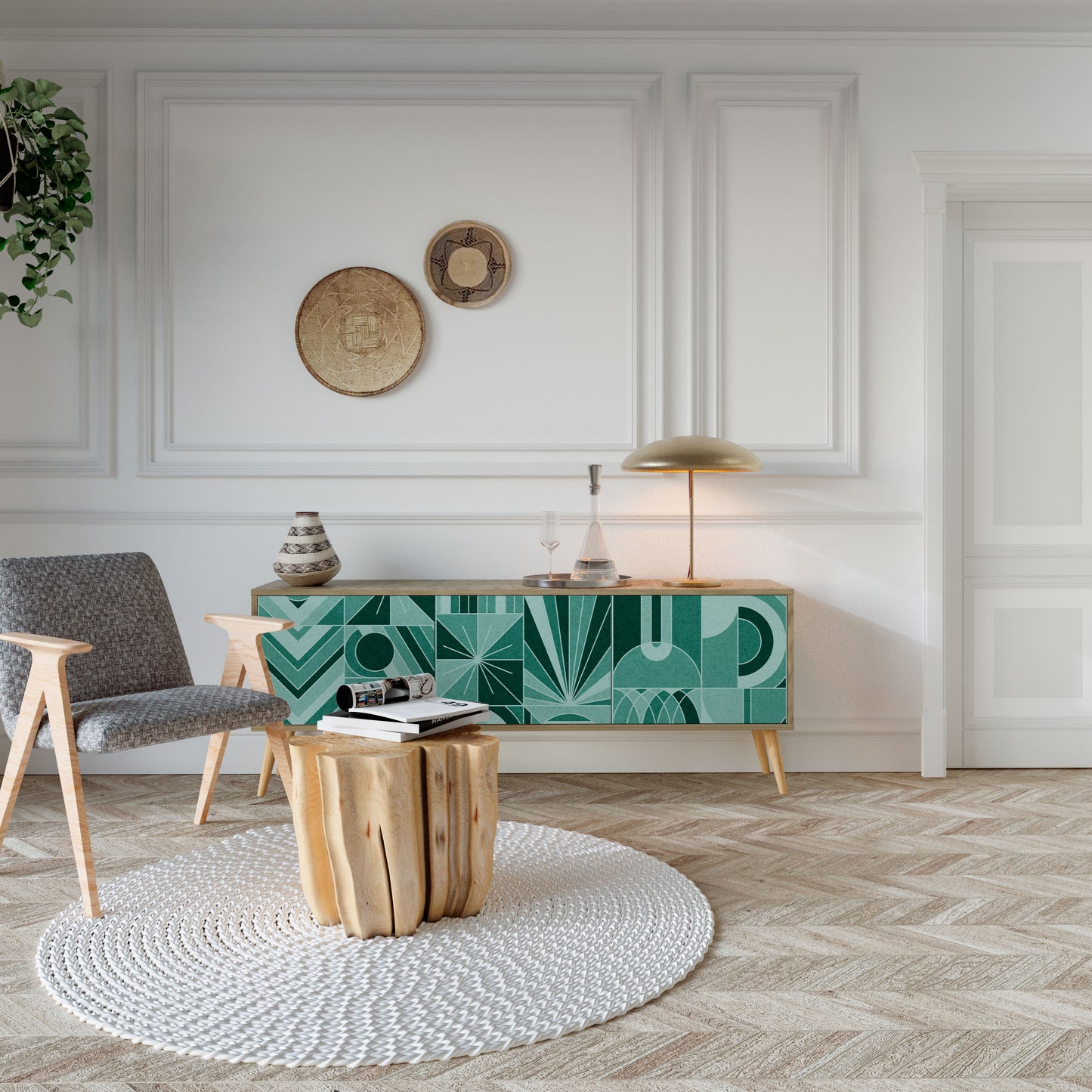 HARMONIC GRID TV-bänk med 3 dörrar i ekeffekt