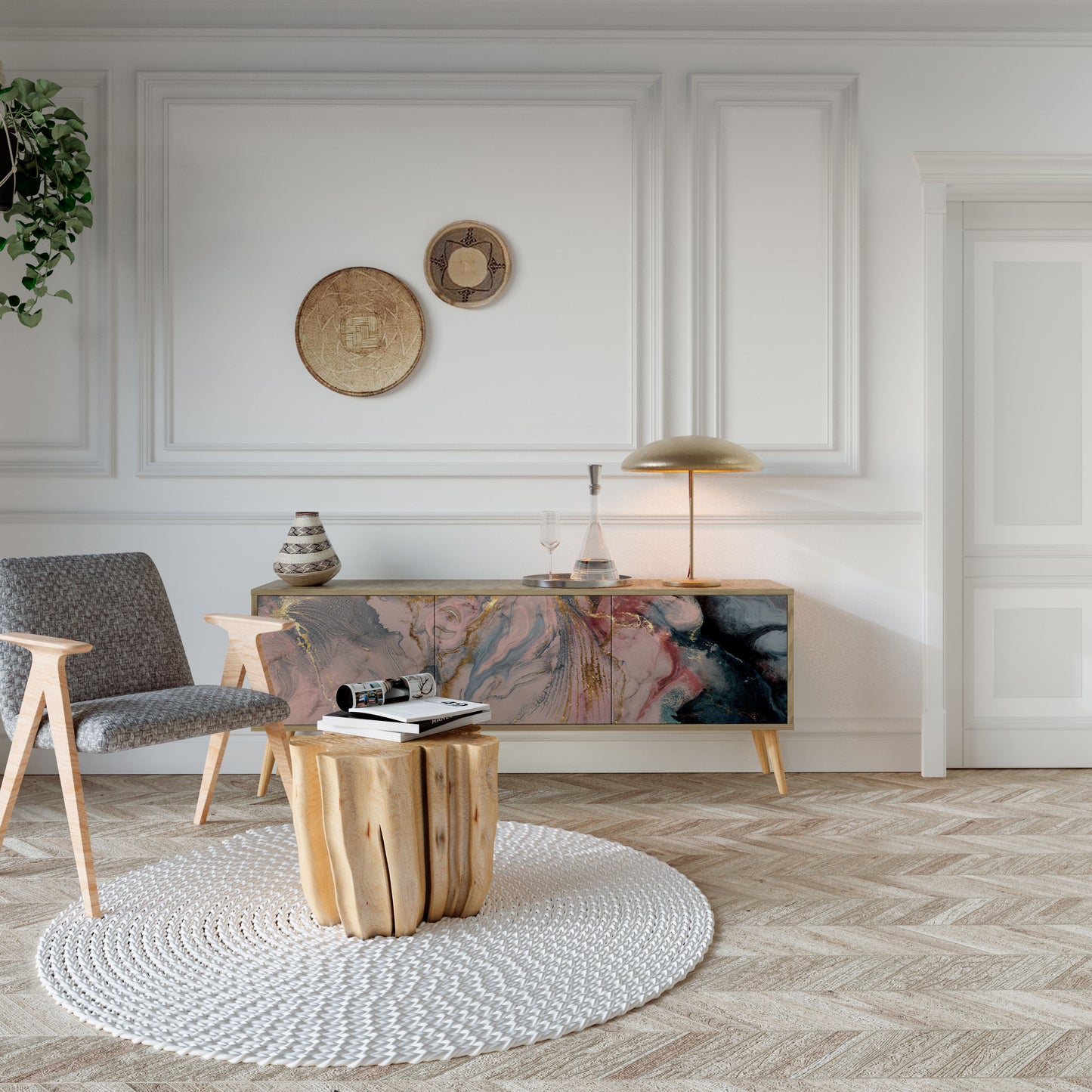 GILDED SWIRLS TV-bänk med 3 dörrar i ekeffekt