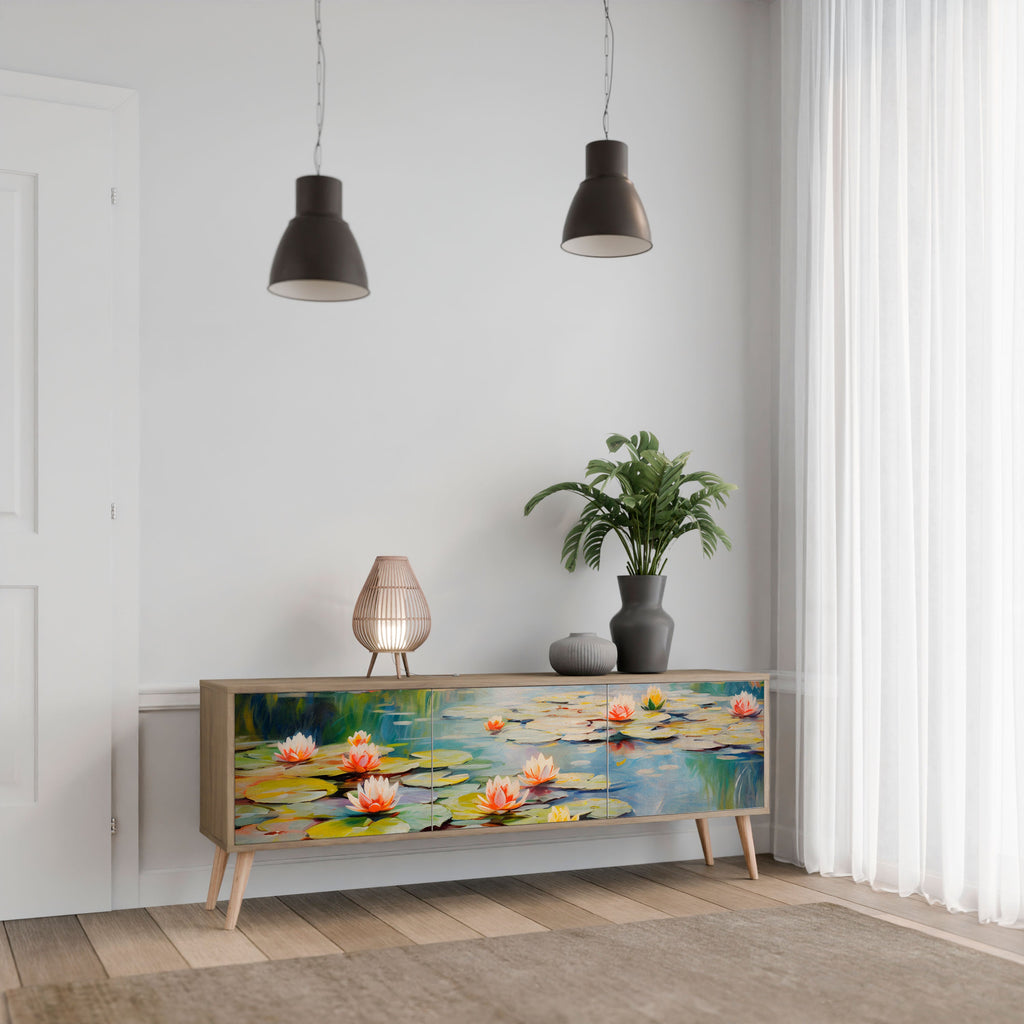 BLOOMING WATERS TV-bänk med 3 dörrar i ekeffekt
