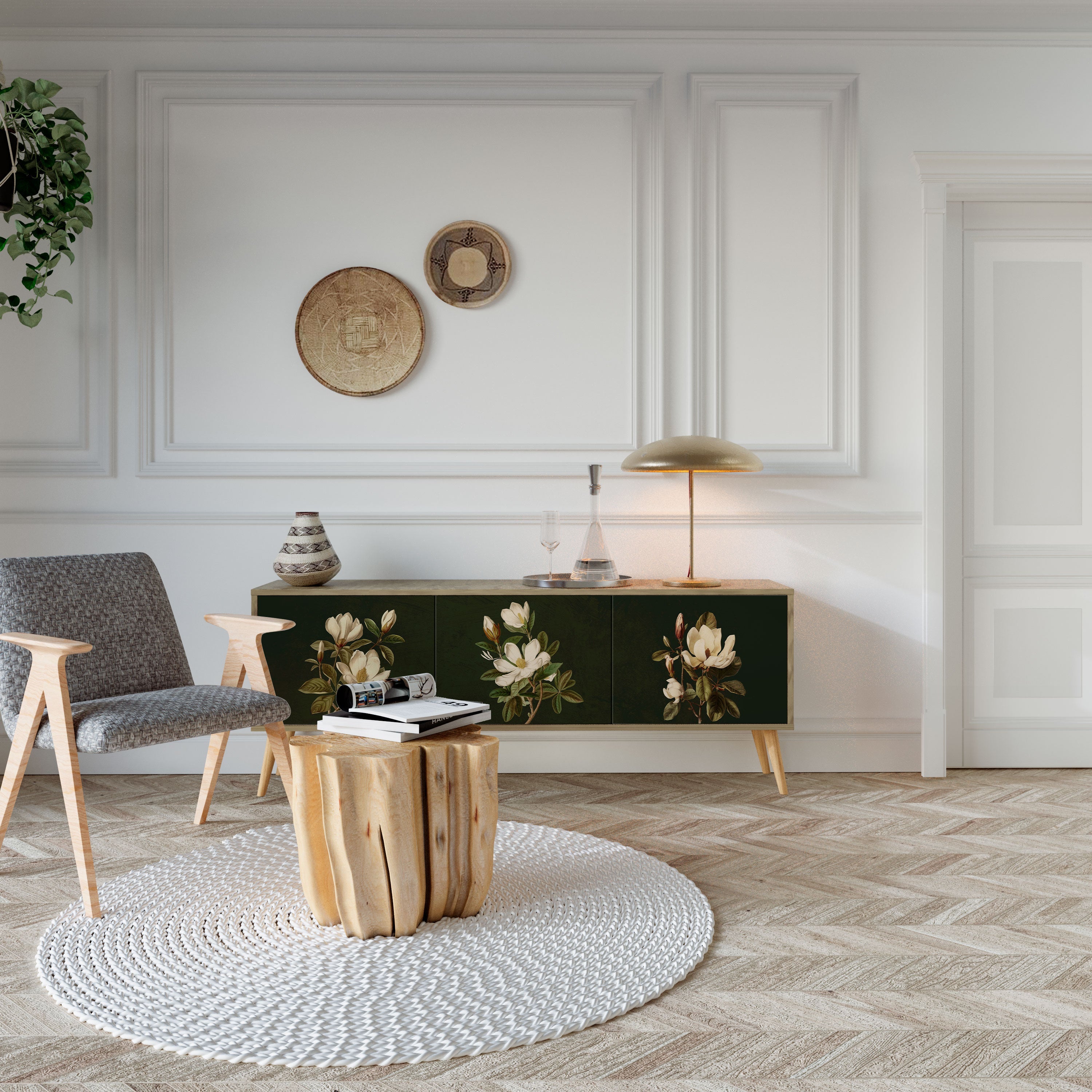 FLORAL NOIR TV-bänk med 3 dörrar i ekeffekt