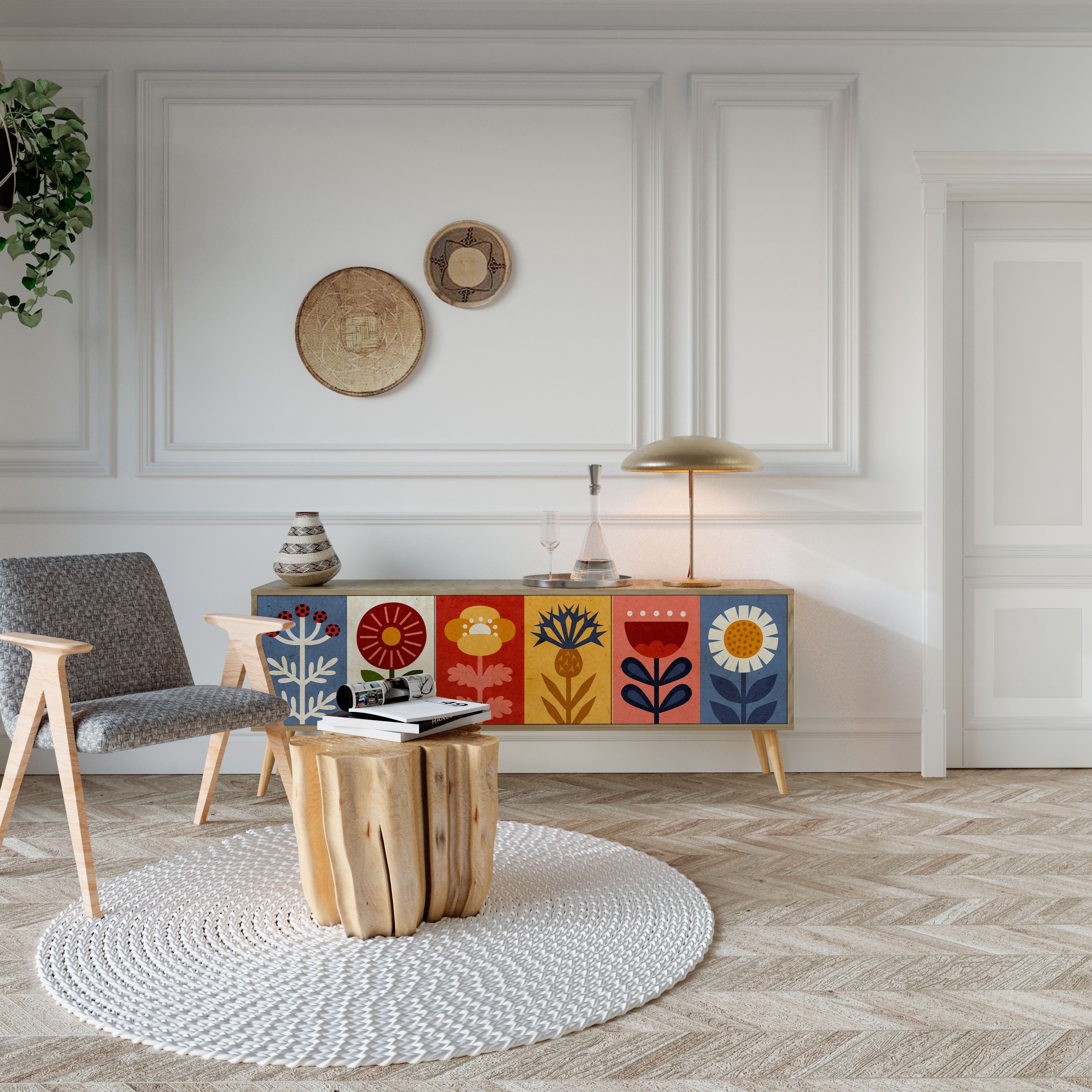 SCANDIC FLOWERET TV-bänk med 3 dörrar i ekeffekt