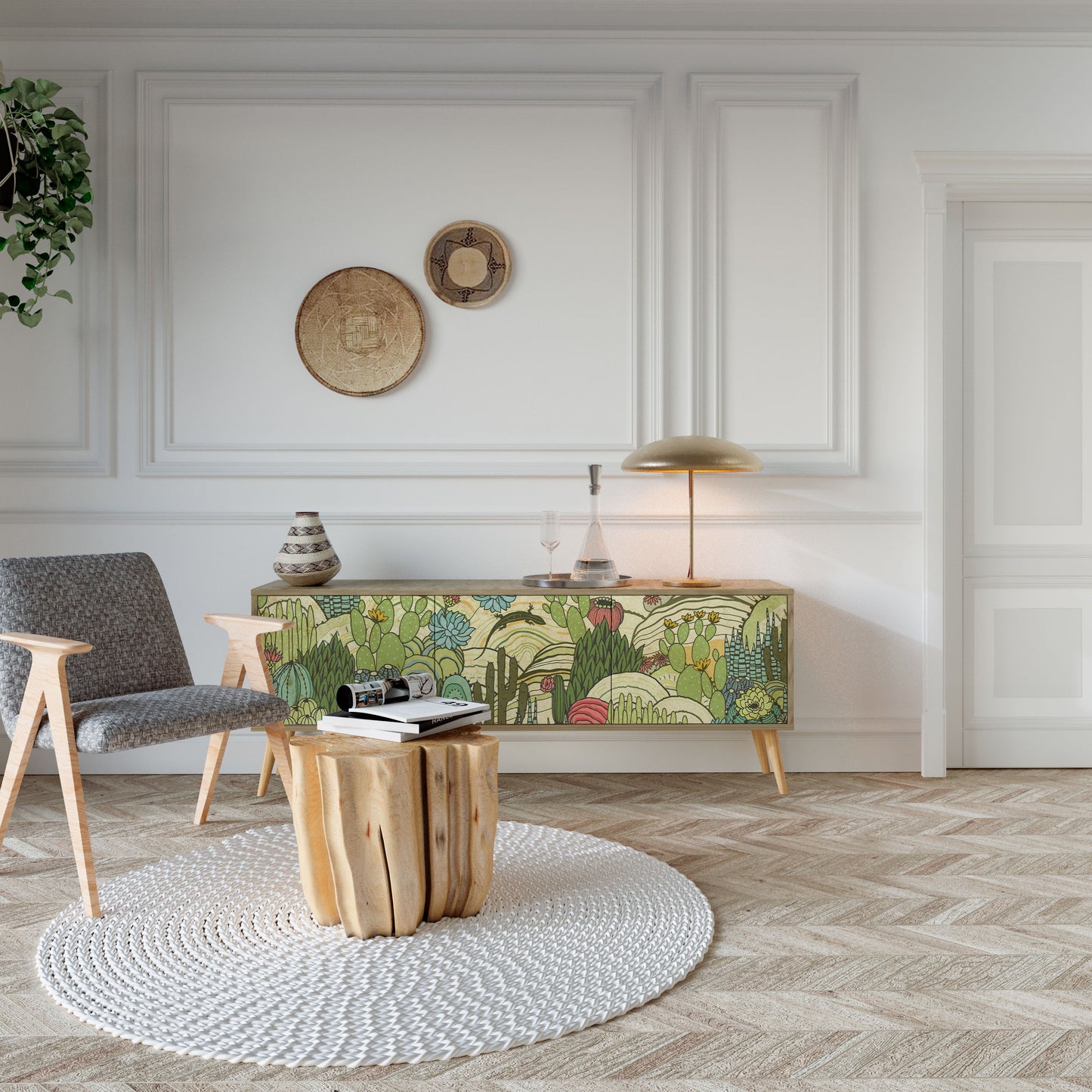 SUCCULENTS KALEIDOSCOPE TV-bänk med 3 dörrar i ekeffekt