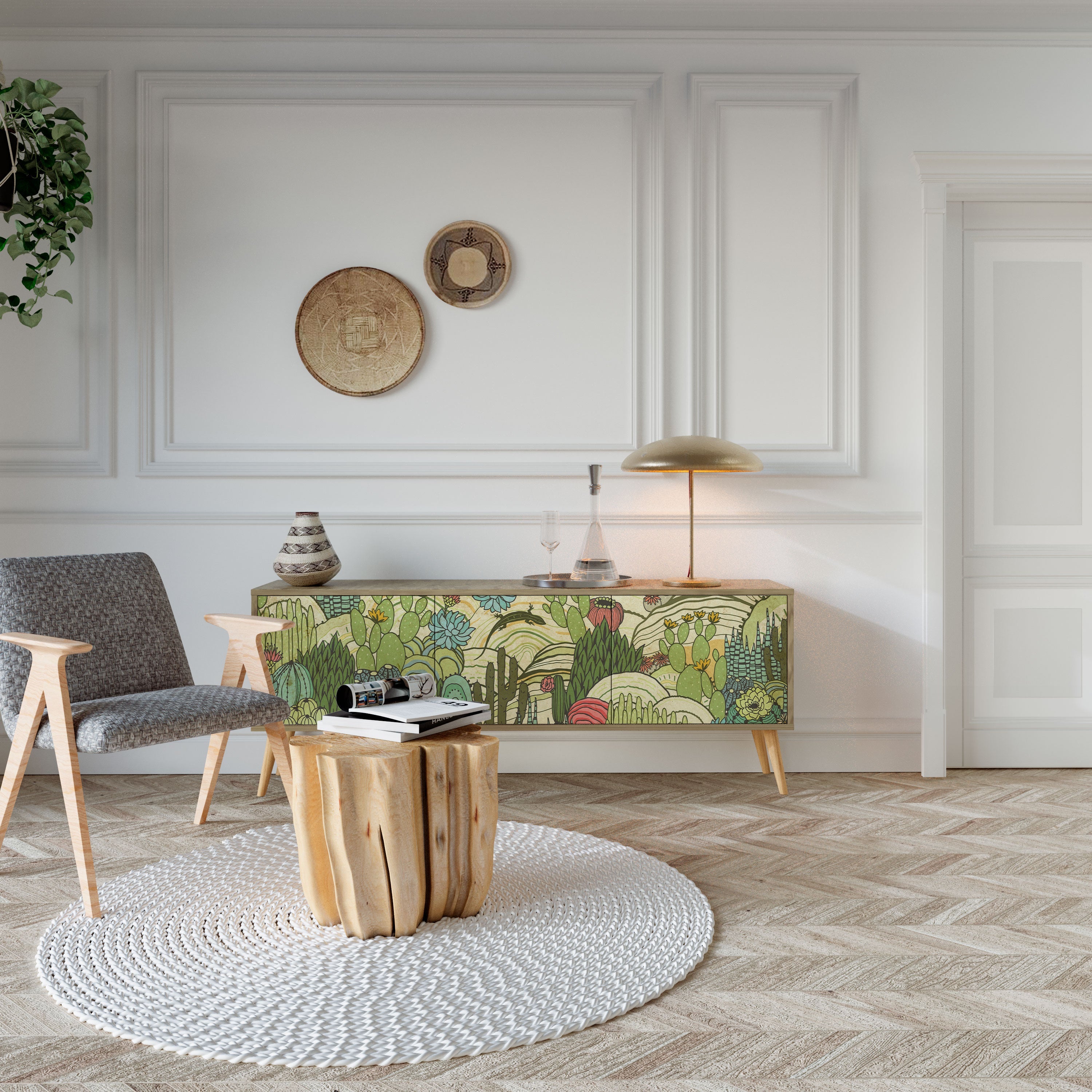 SUCCULENTS KALEIDOSCOPE TV-bänk med 3 dörrar i ekeffekt