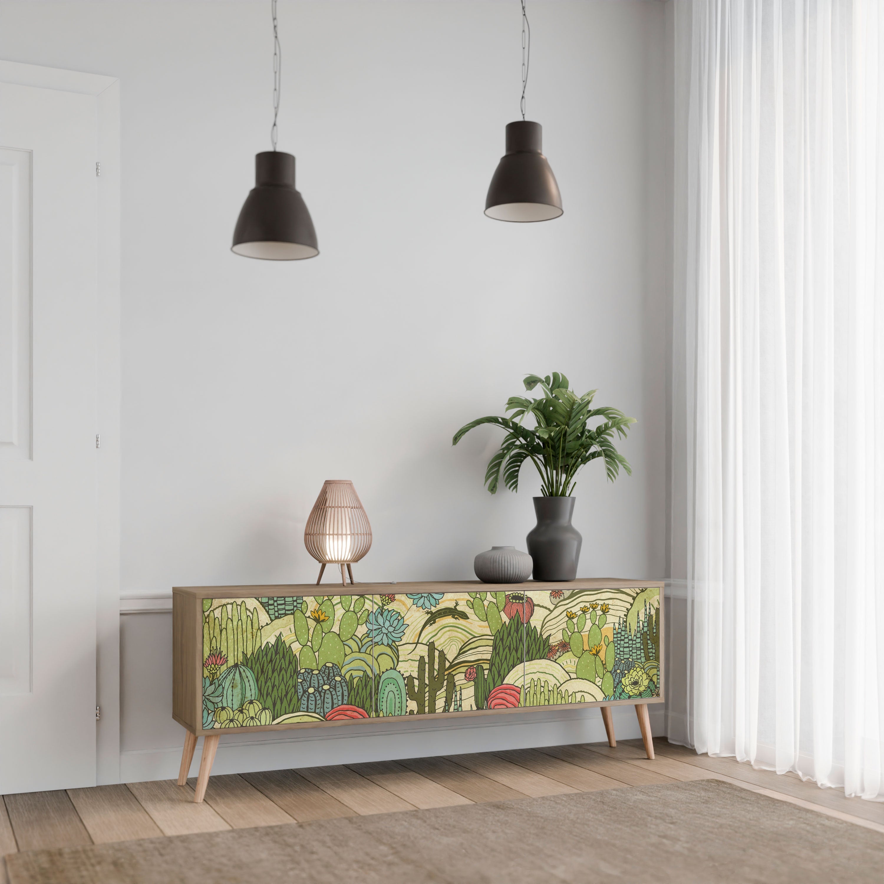 SUCCULENTS KALEIDOSCOPE TV-bänk med 3 dörrar i ekeffekt