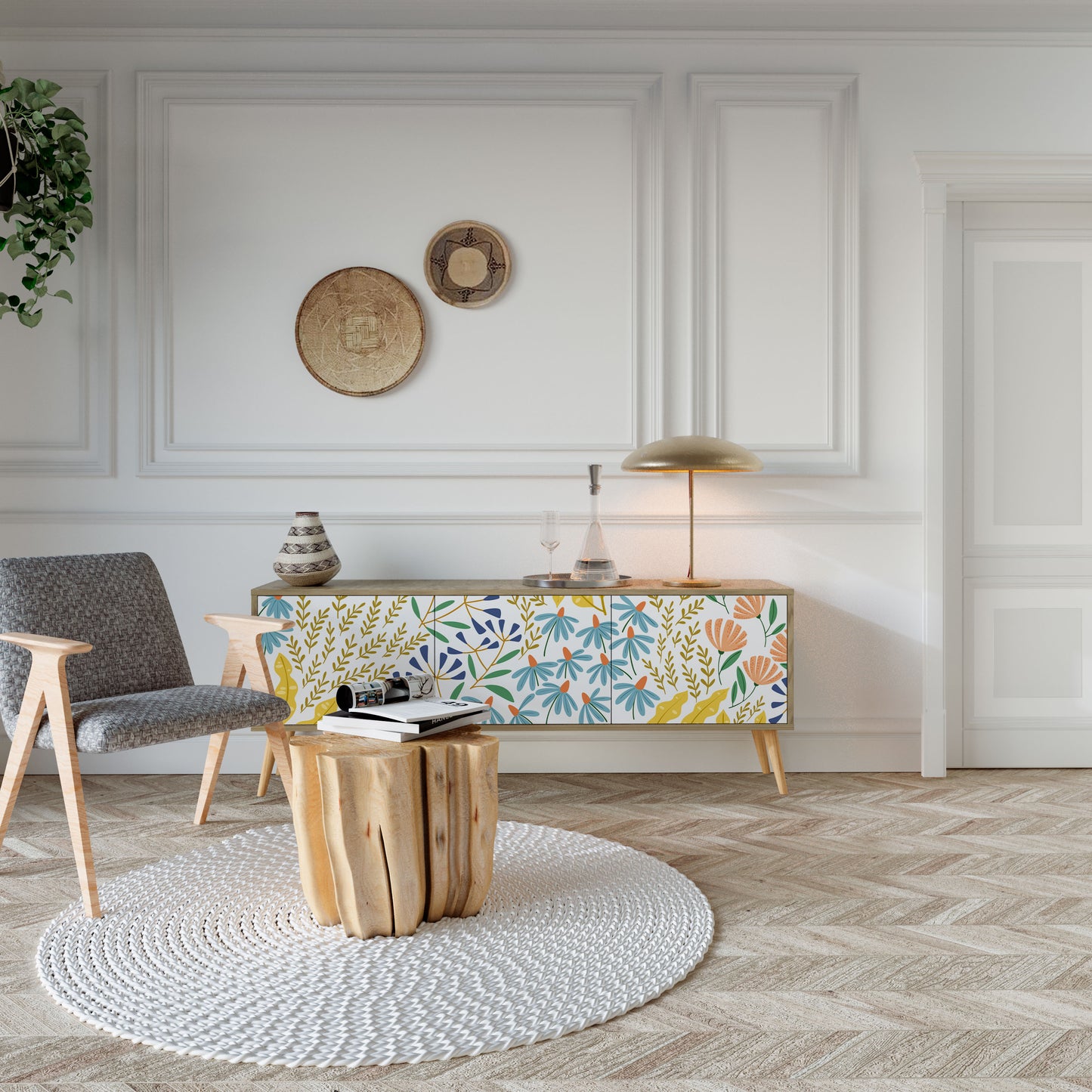 HELLO SPRING TV-bänk med 3 dörrar i ekeffekt