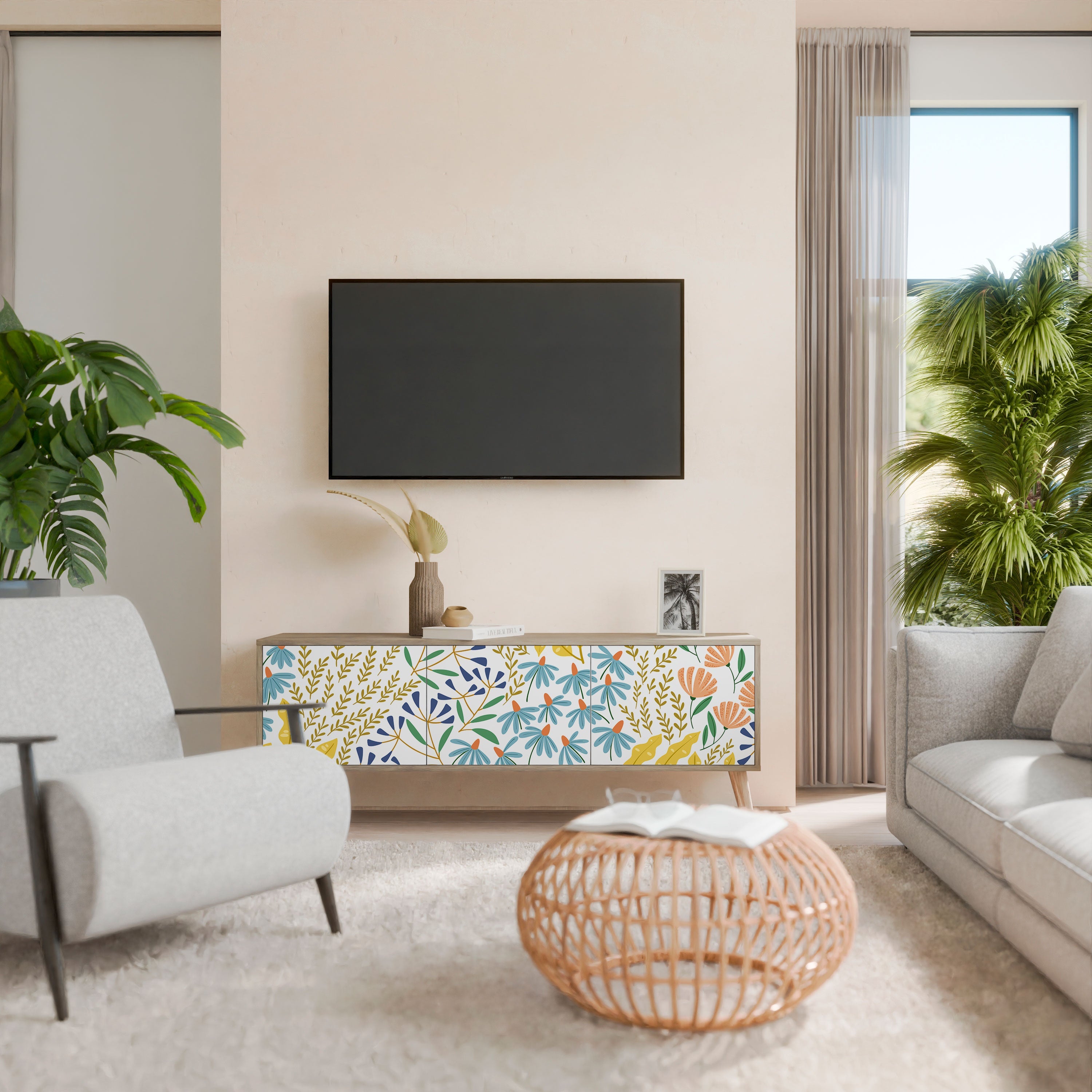 HELLO SPRING TV-bänk med 3 dörrar i ekeffekt