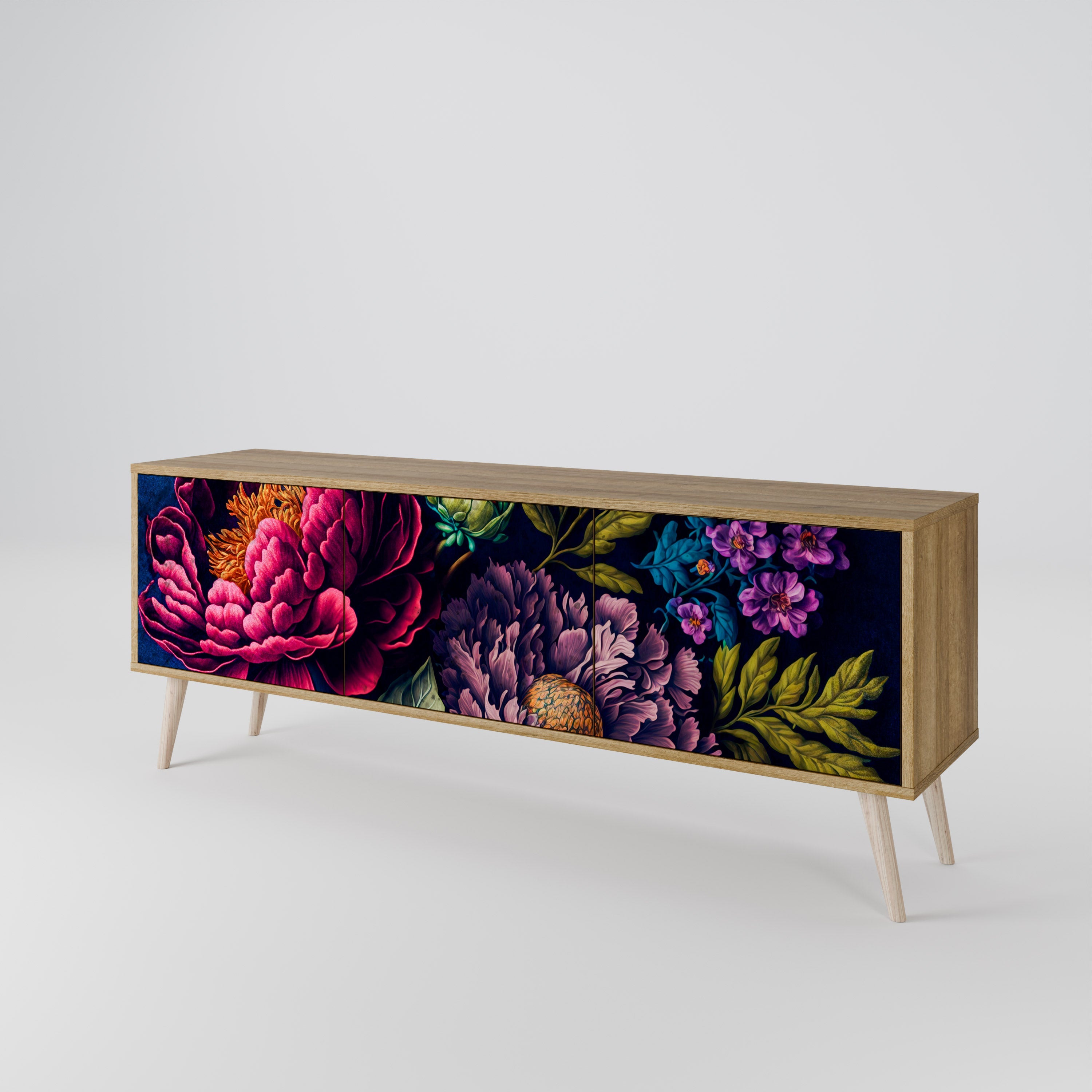 BLOOMING ELEGANCE TV-bänk med 3 dörrar i ekeffekt