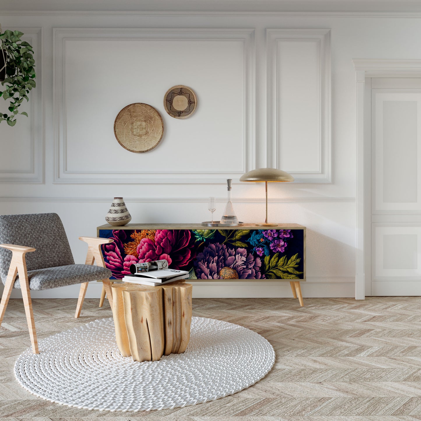 BLOOMING ELEGANCE TV-bänk med 3 dörrar i ekeffekt