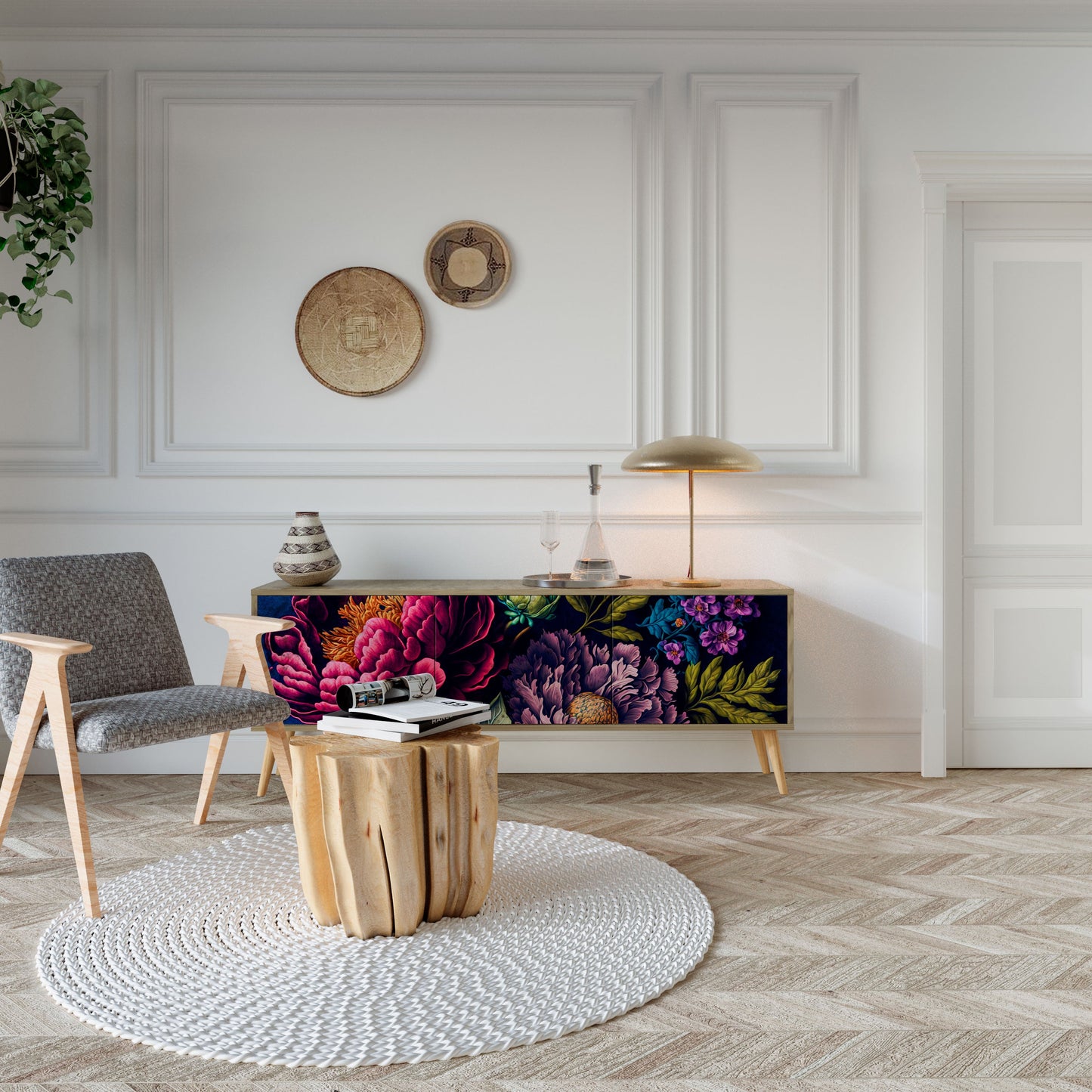BLOOMING ELEGANCE TV-bänk med 3 dörrar i ekeffekt