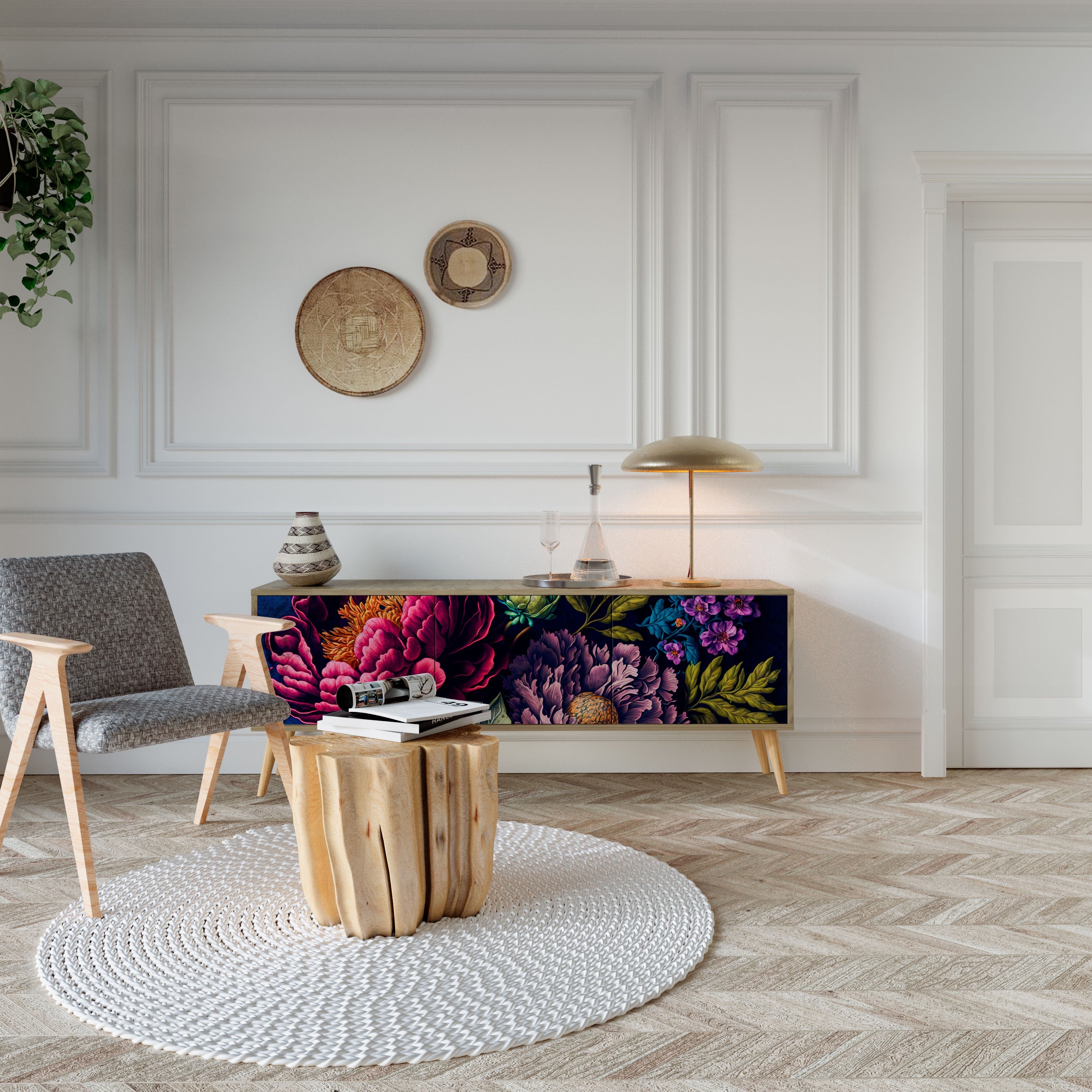 BLOOMING ELEGANCE TV-bänk med 3 dörrar i ekeffekt