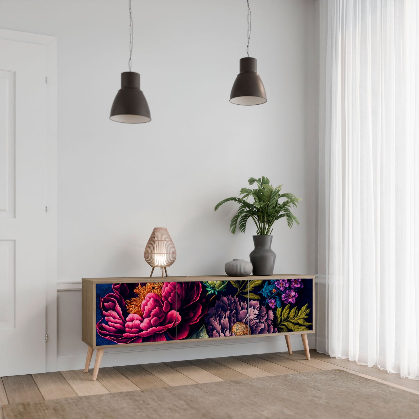 BLOOMING ELEGANCE TV-bänk med 3 dörrar i ekeffekt