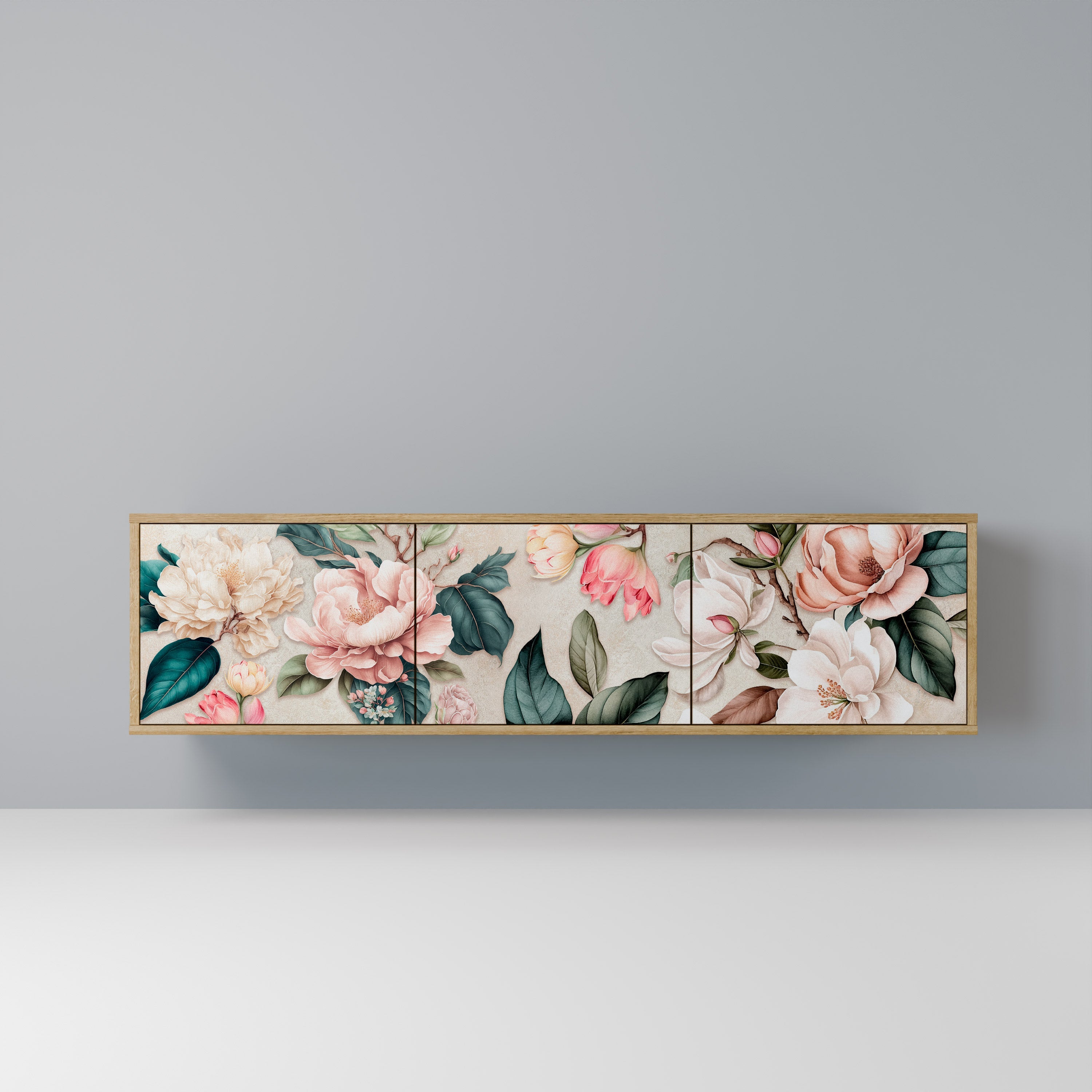FLORAL GRACE TV-bänk med 3 dörrar i ekeffekt