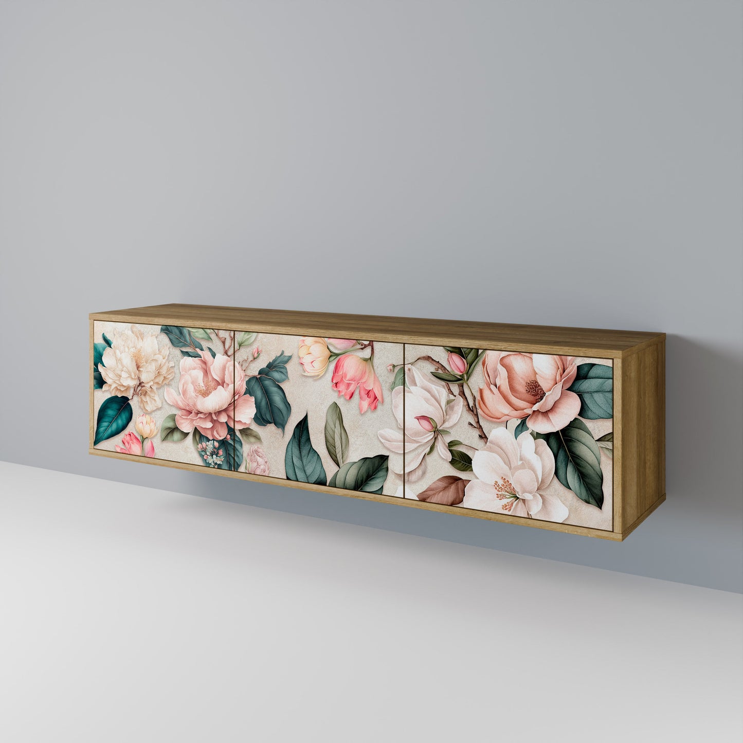 FLORAL GRACE TV-bänk med 3 dörrar i ekeffekt