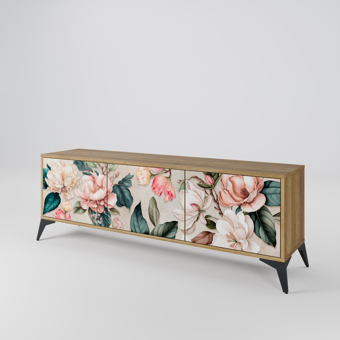 FLORAL GRACE TV-bänk med 3 dörrar i ekeffekt