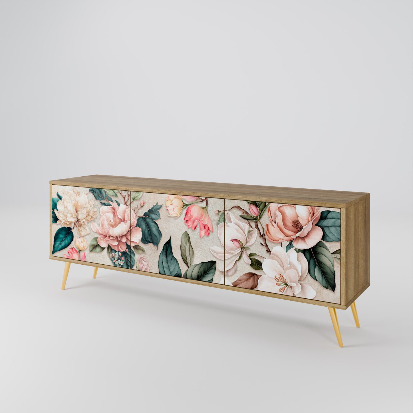FLORAL GRACE 3-Door TV Stand in Oak Effect