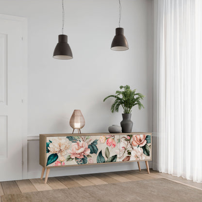 FLORAL GRACE 3-Door TV Stand in Oak Effect