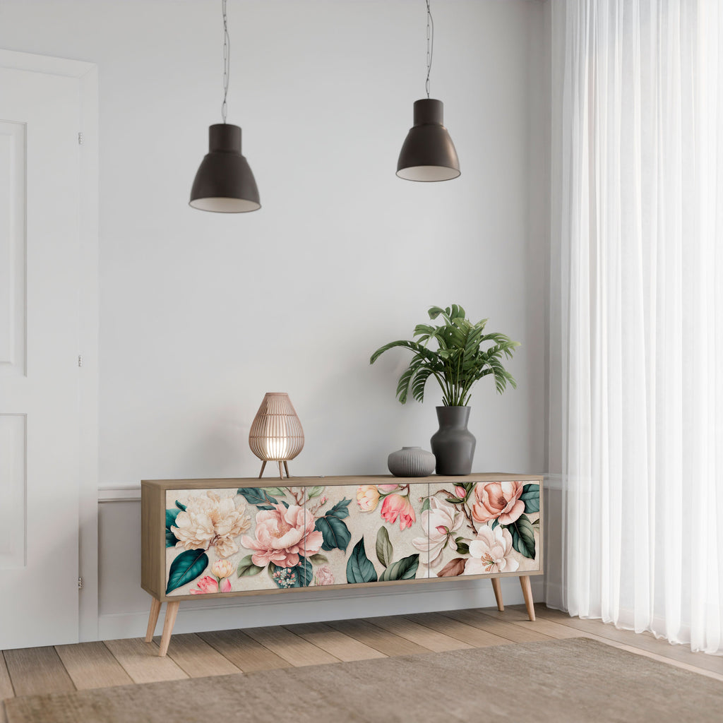 FLORAL GRACE TV-bänk med 3 dörrar i ekeffekt