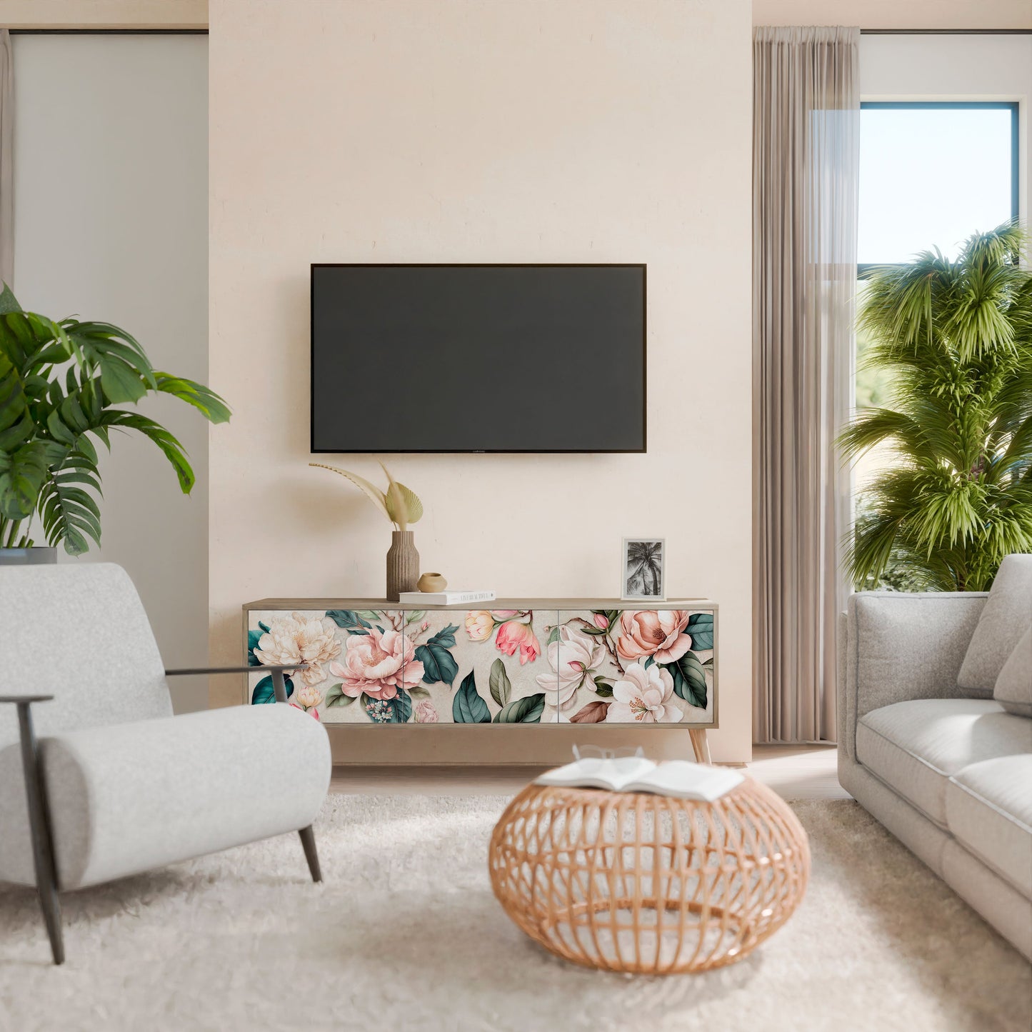 FLORAL GRACE TV-bänk med 3 dörrar i ekeffekt