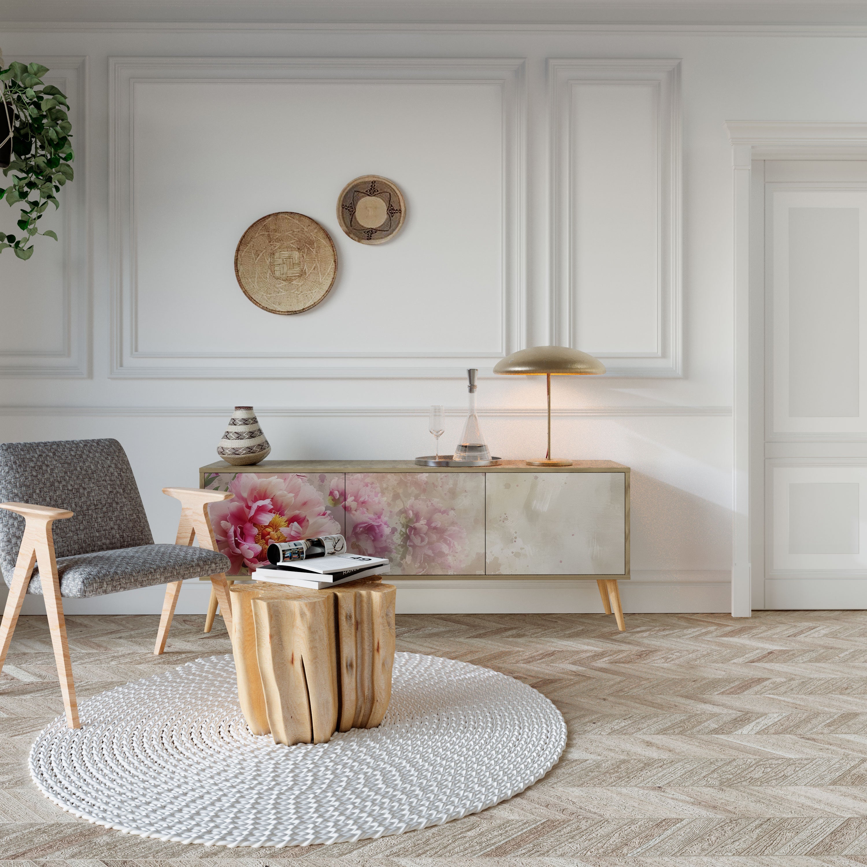 PEONY WHISPER TV-bänk med 3 dörrar i ekeffekt