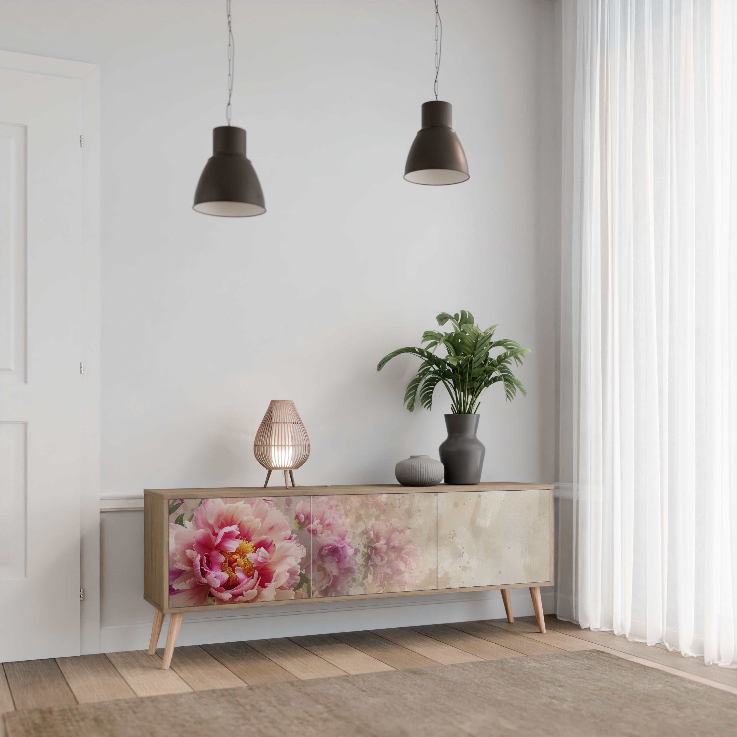 PEONY WHISPER TV-bänk med 3 dörrar i ekeffekt