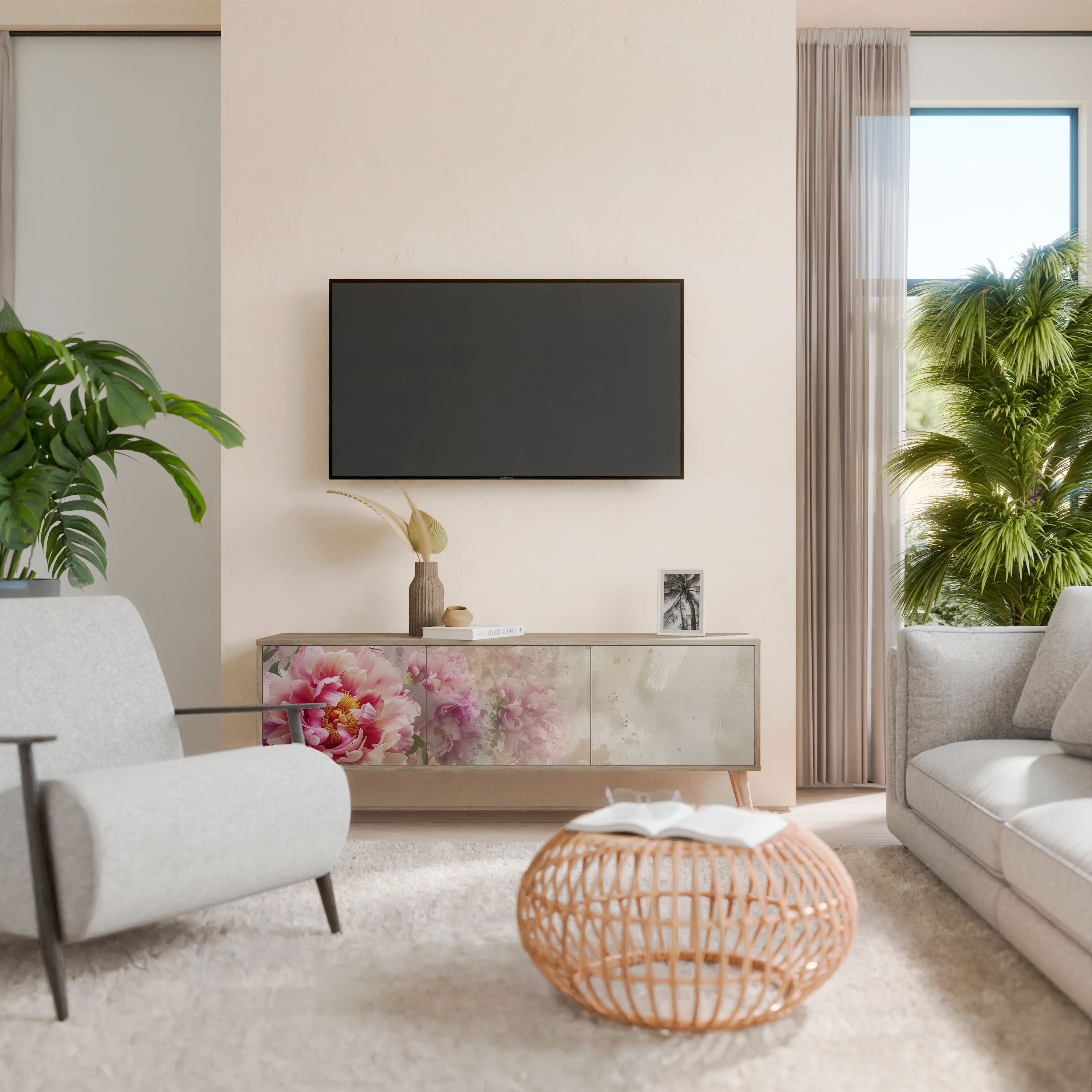 PEONY WHISPER TV-bänk med 3 dörrar i ekeffekt
