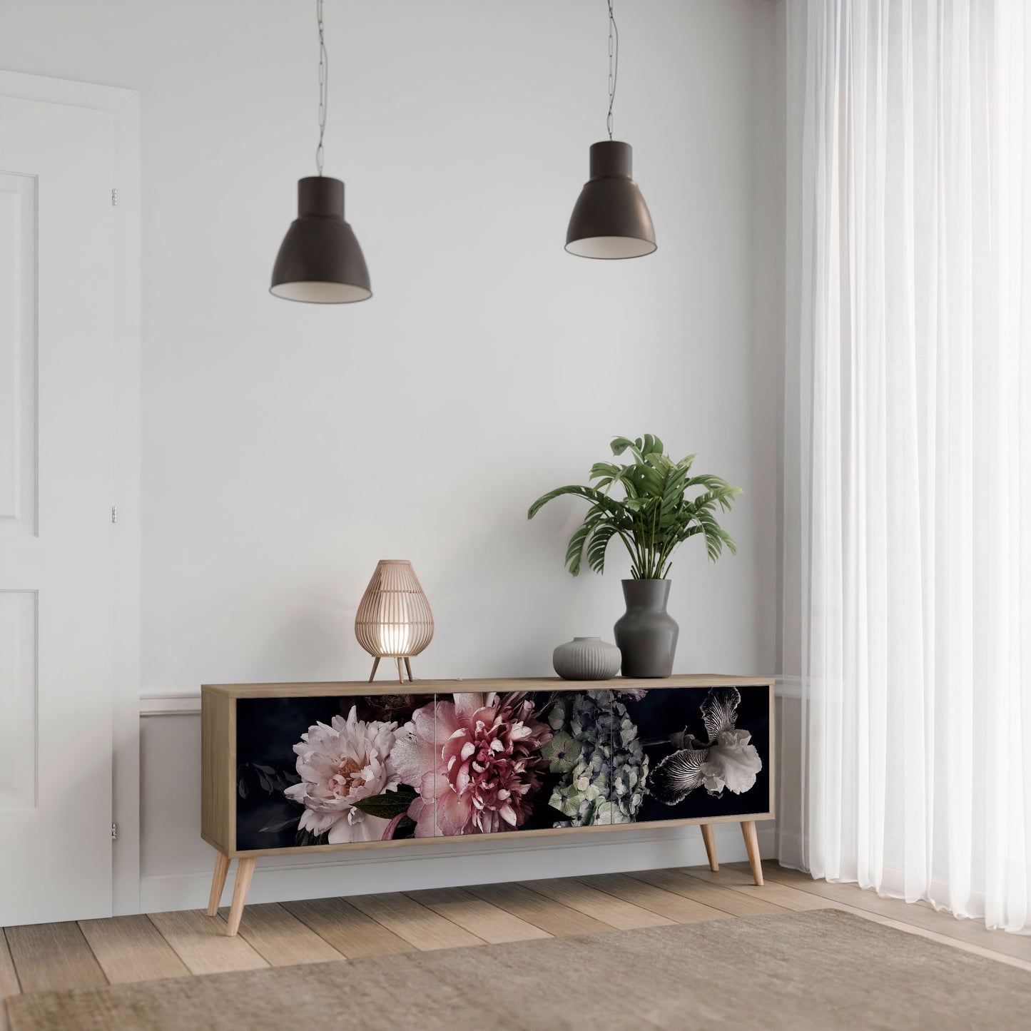 PURE BLOSSOM TV-bänk med 3 dörrar i ekeffekt