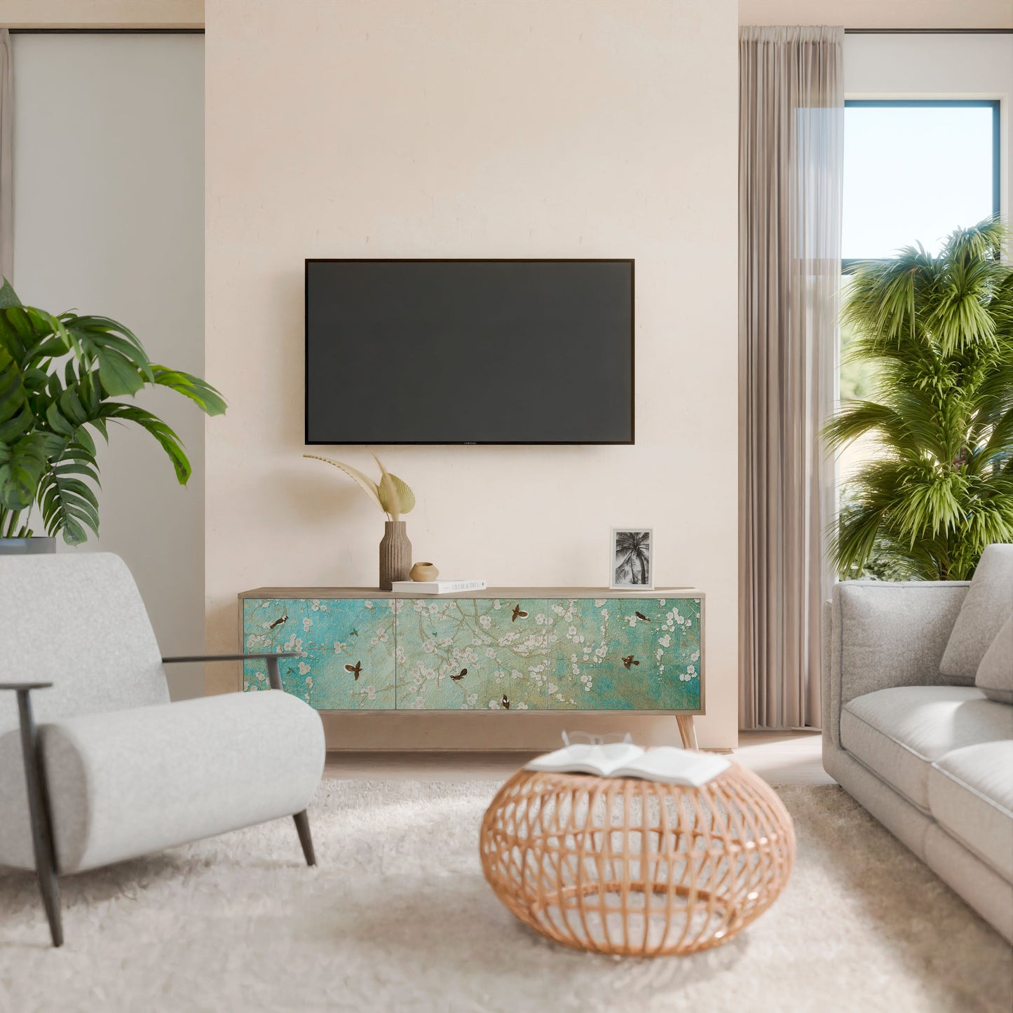 BLOOMING CHARM TV-bänk med 3 dörrar i ekeffekt