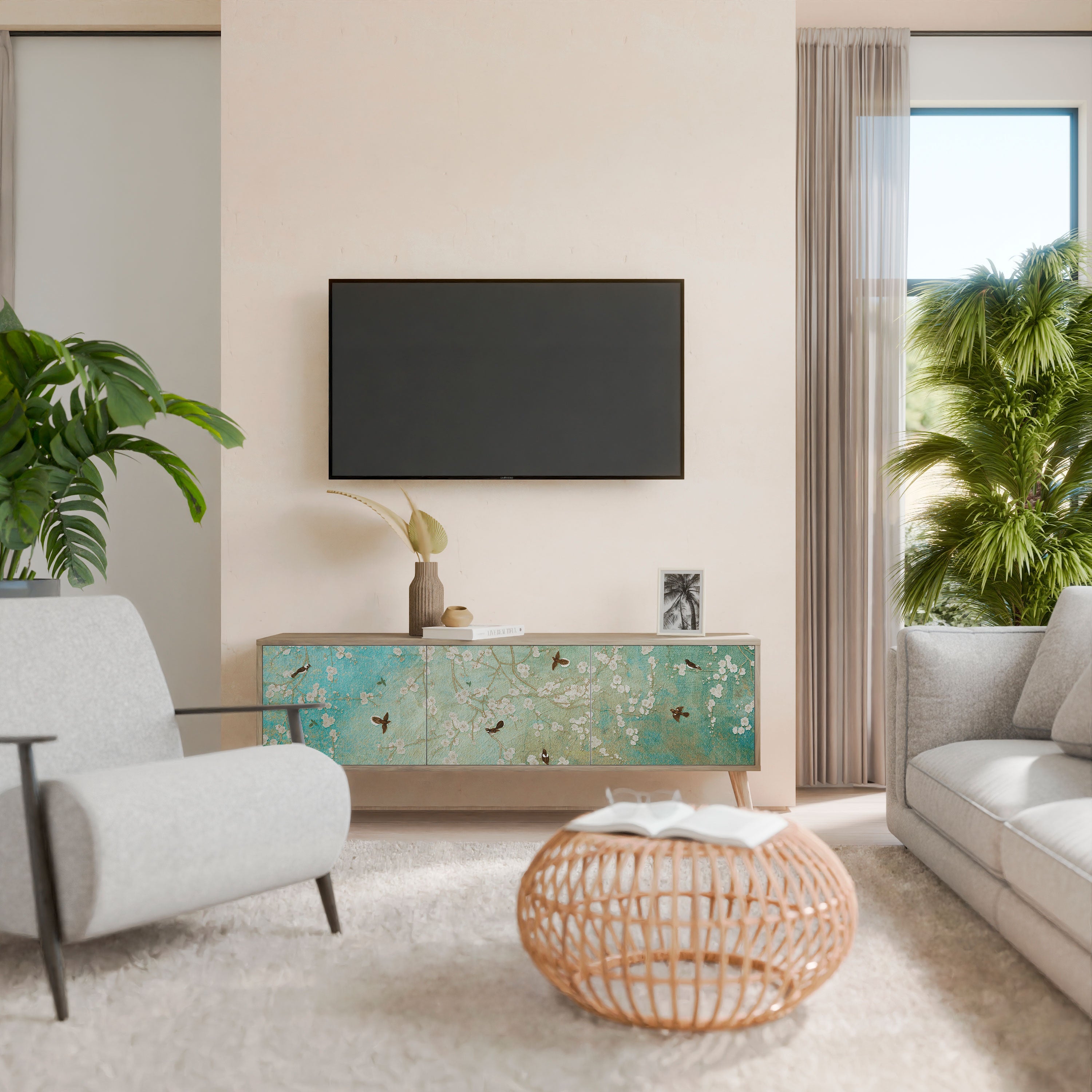 BLOOMING CHARM TV-bänk med 3 dörrar i ekeffekt