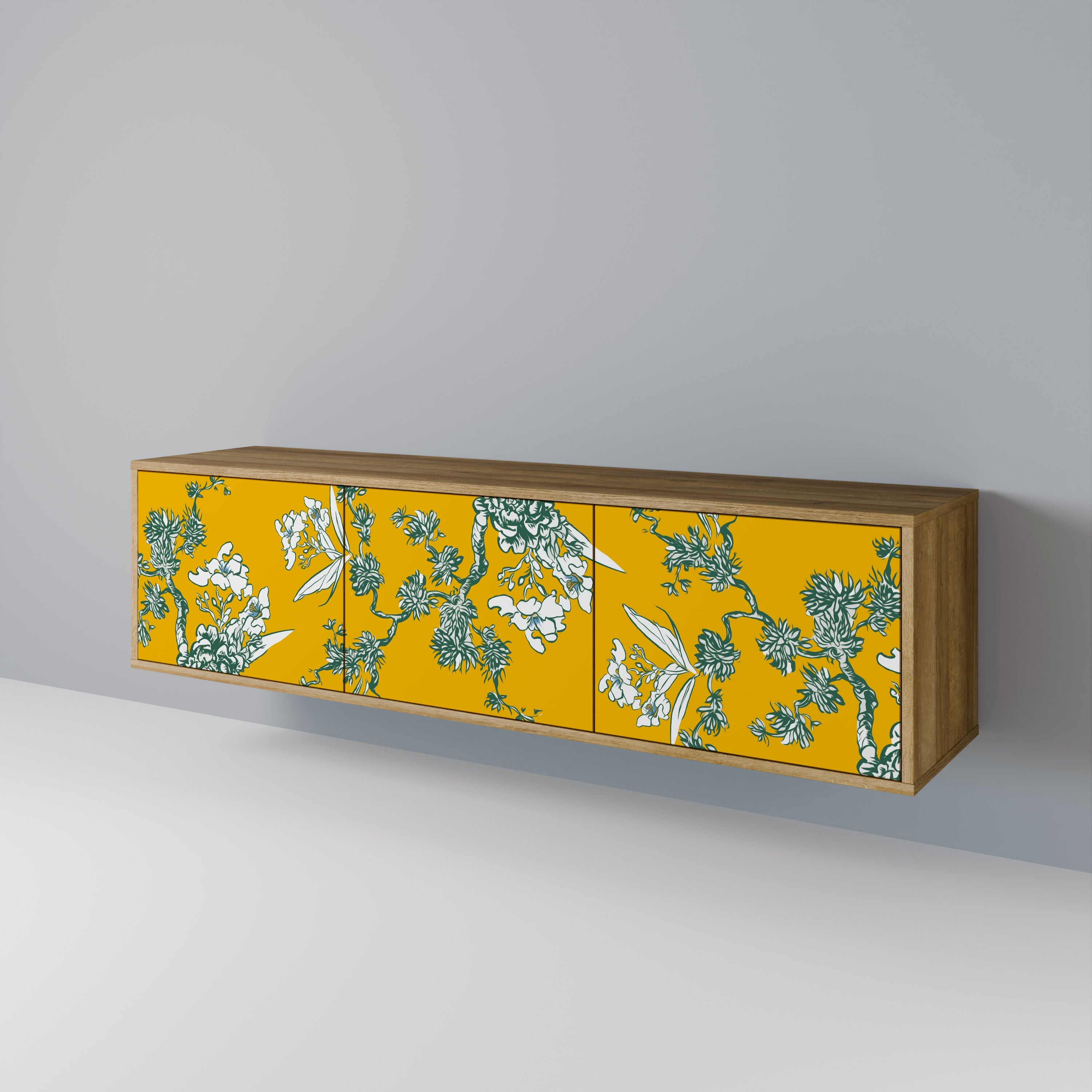 GULT CHINOISERIE TV-bänk med 3 dörrar i ekeffekt