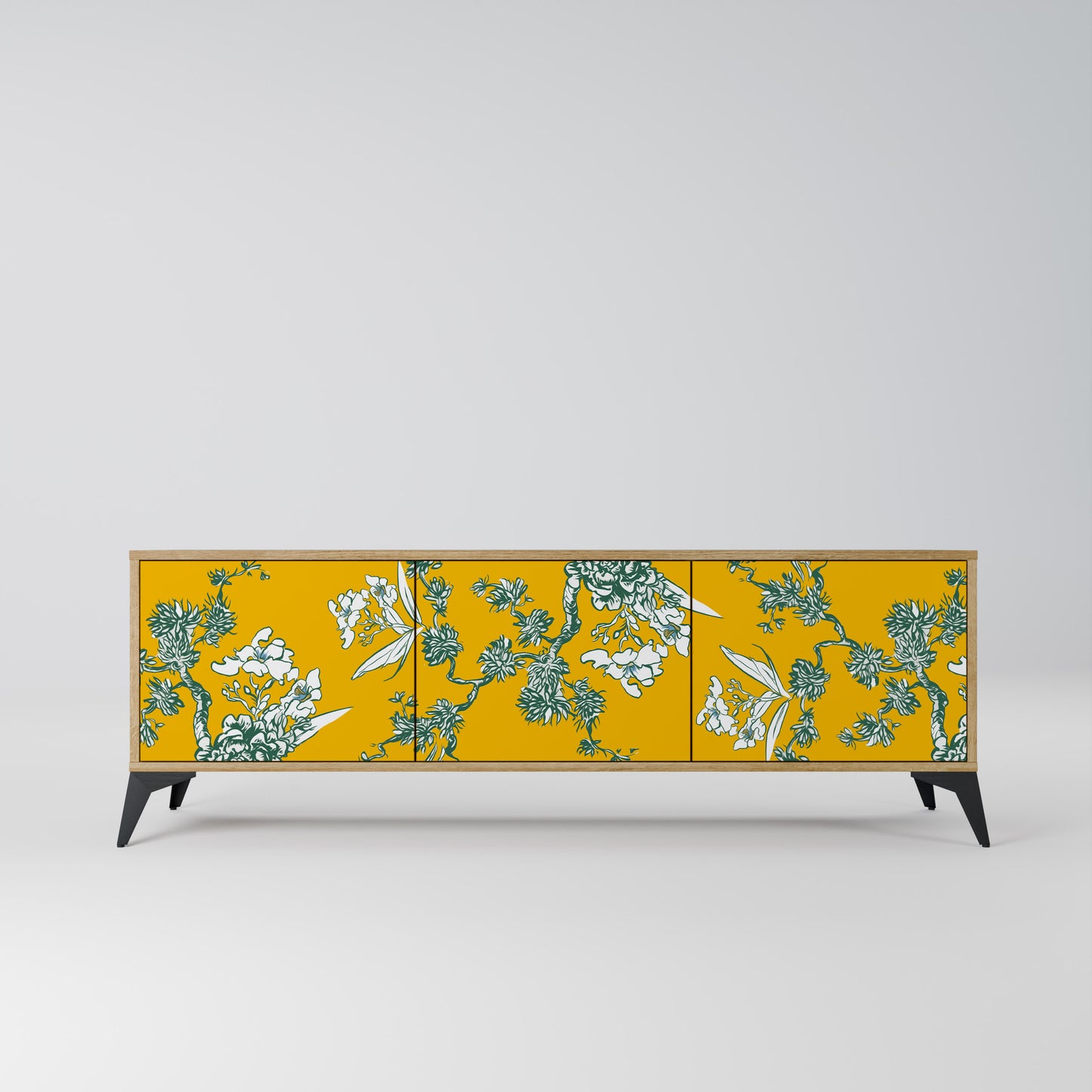 GULT CHINOISERIE TV-bänk med 3 dörrar i ekeffekt