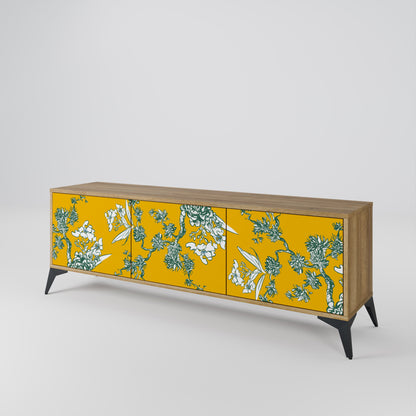 GULT CHINOISERIE TV-bänk med 3 dörrar i ekeffekt