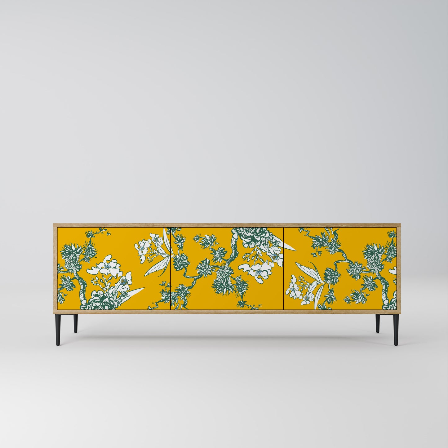 GULT CHINOISERIE TV-bänk med 3 dörrar i ekeffekt