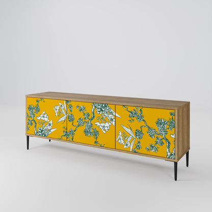GULT CHINOISERIE TV-bänk med 3 dörrar i ekeffekt